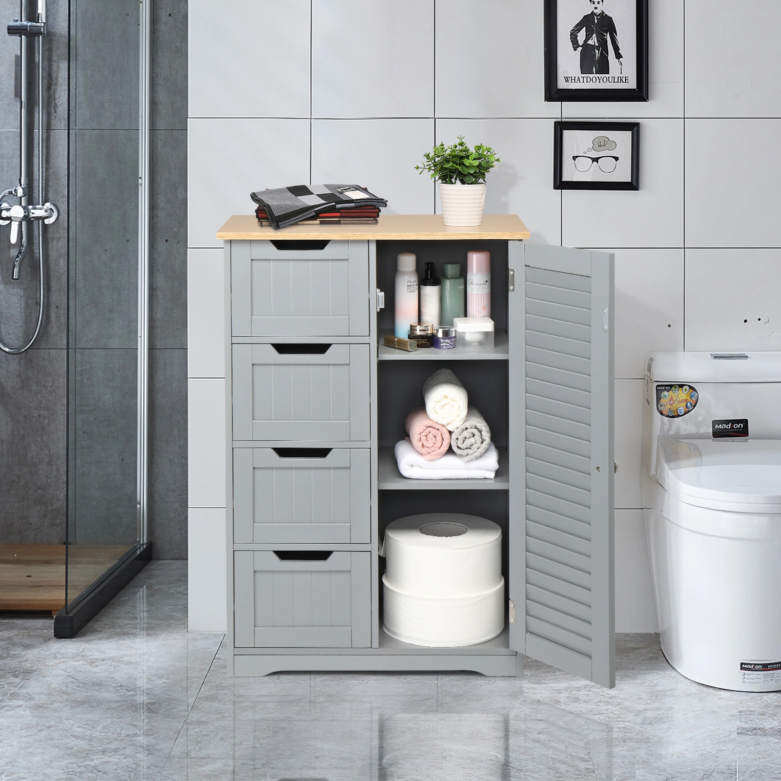 Gray MDF Bathroom Cabinet, 4-Drawer 2-Door Storage Unit, Spray-Painted Finish Waterproof Vanity Cabinet for Home