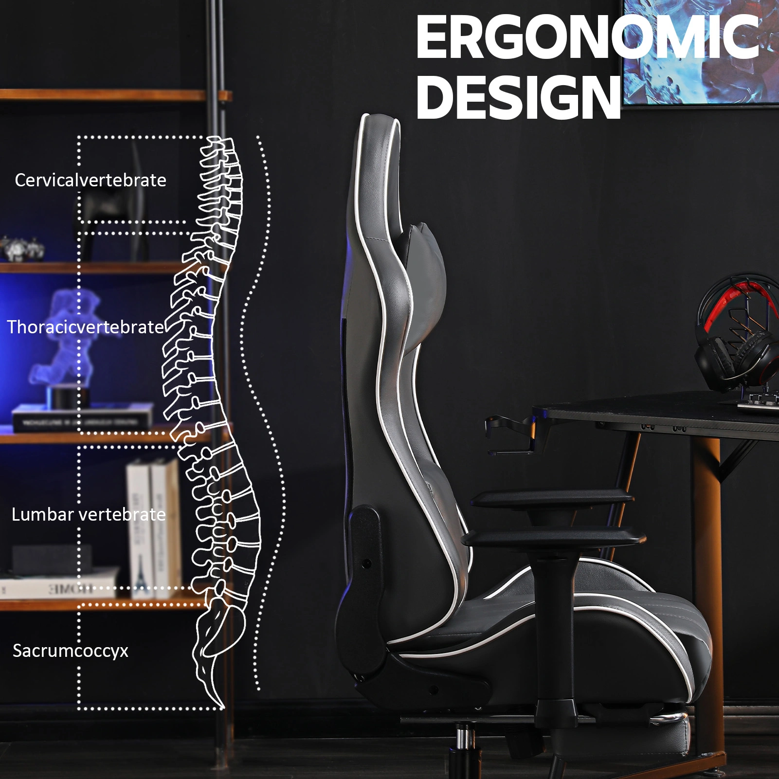 Ergonomic Gaming Chair for Adults, Heavy Duty Office Chair with Footrest & Lumbar Support, 360 Swivel PU Leather Desk Chair, Dark Gray view 2