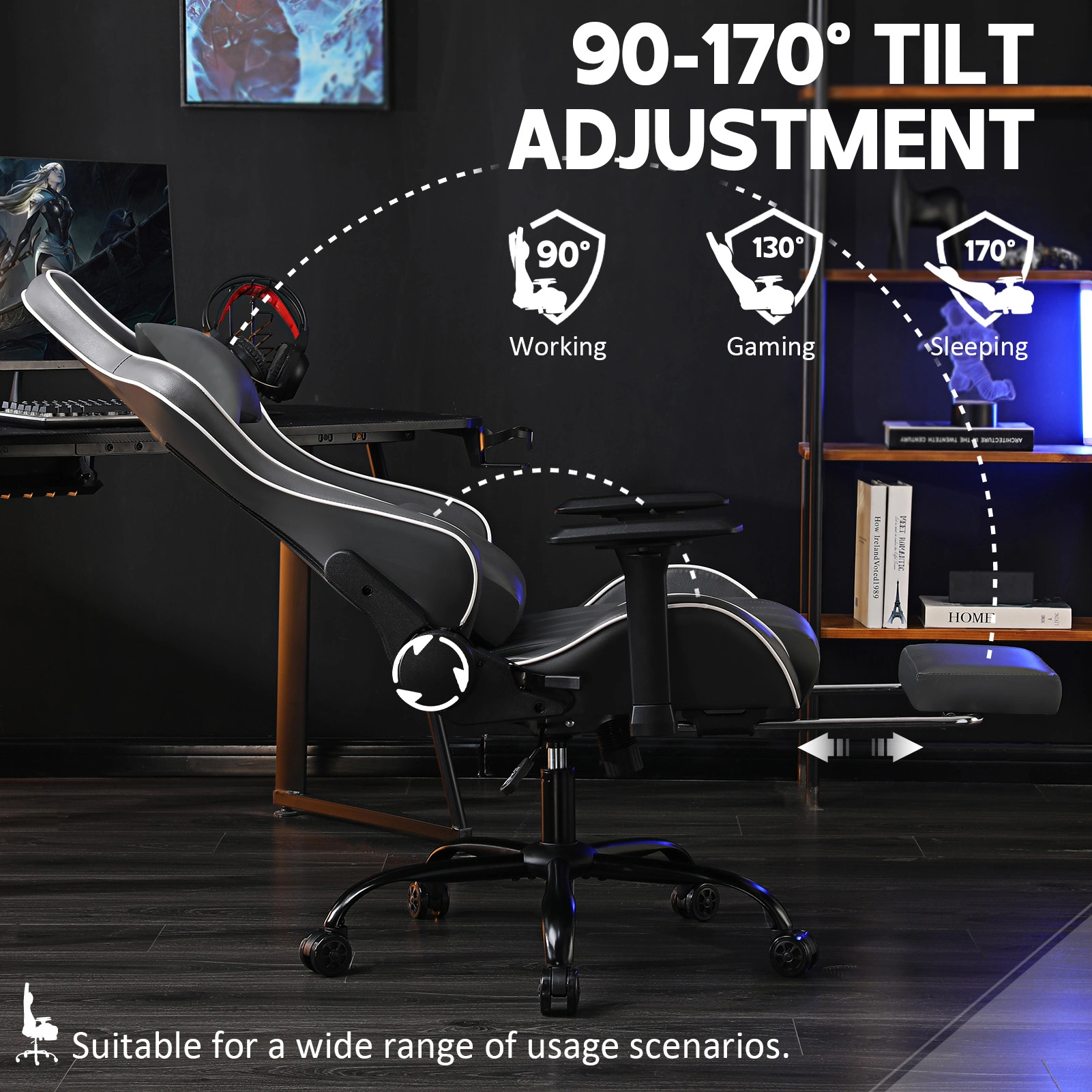 Ergonomic Gaming Chair for Adults, Heavy Duty Office Chair with Footrest & Lumbar Support, 360 Swivel PU Leather Desk Chair, Dark Gray view 3