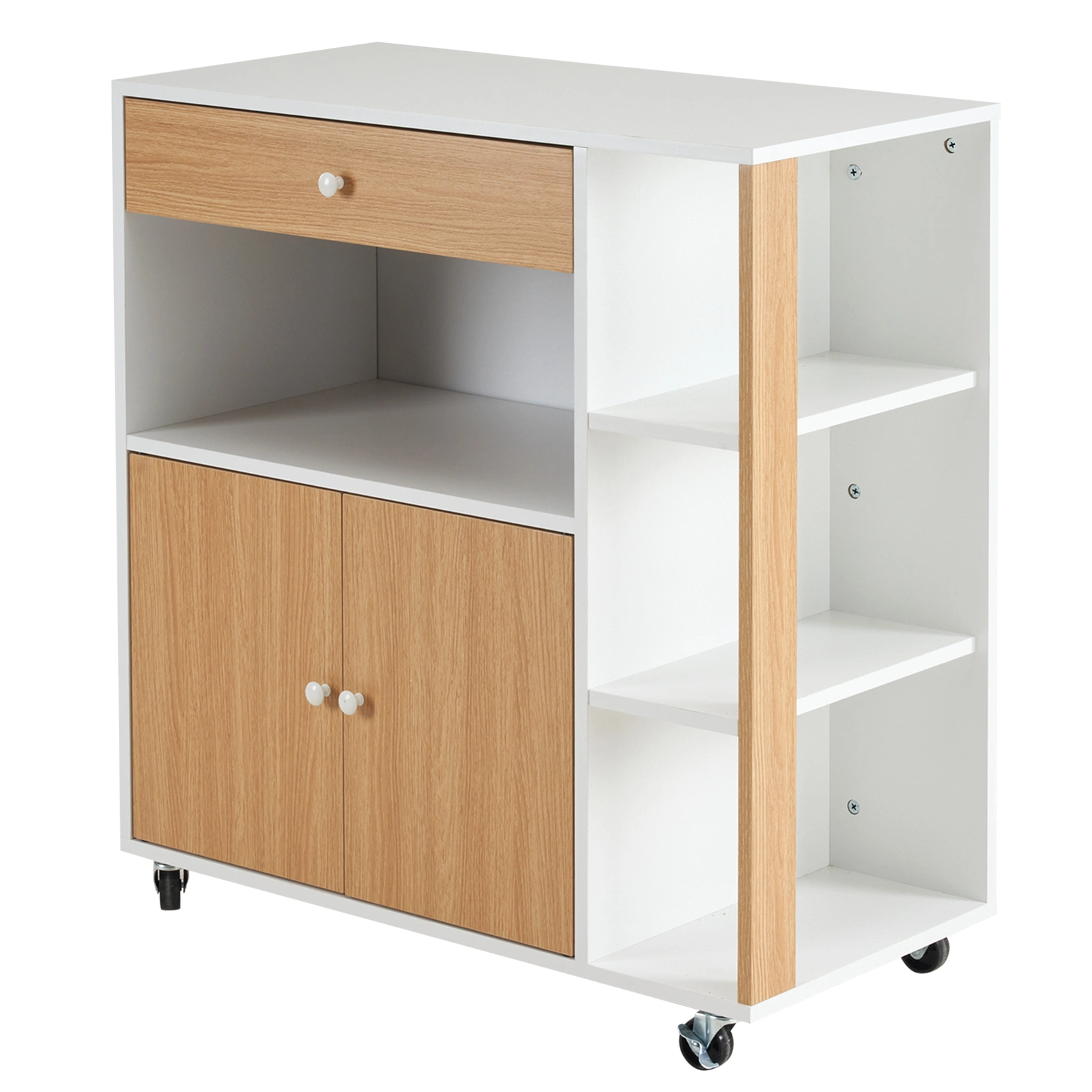 Kitchen Island Cart with 5 Shelves 1 Drawer Rolling Kitchen Storage Mobile Island on Wheels White Wood