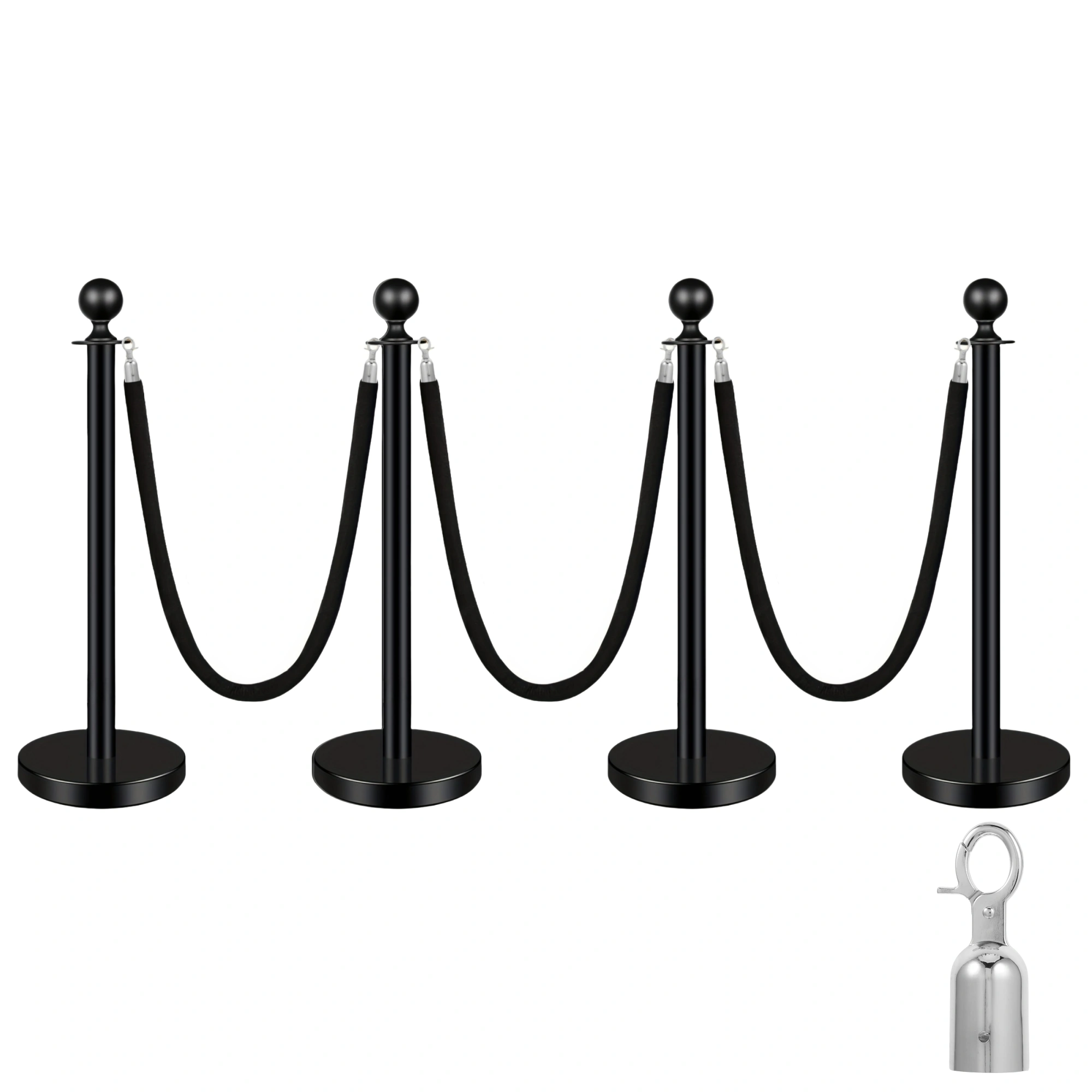 4 PCS Black Stanchions with Black Velvet Rope - Exhibition Crowd Control Poles,with Sand Injection Hollow Base, for Theaters, Parties, Weddings, Exhibitions