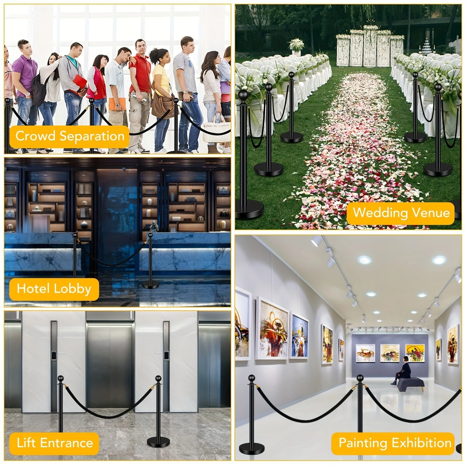 4 PCS Black Stanchions with Velvet Rope, Crowd Control Barriers with Sand Fill Base for Theater Wedding Party Exhibition view 2