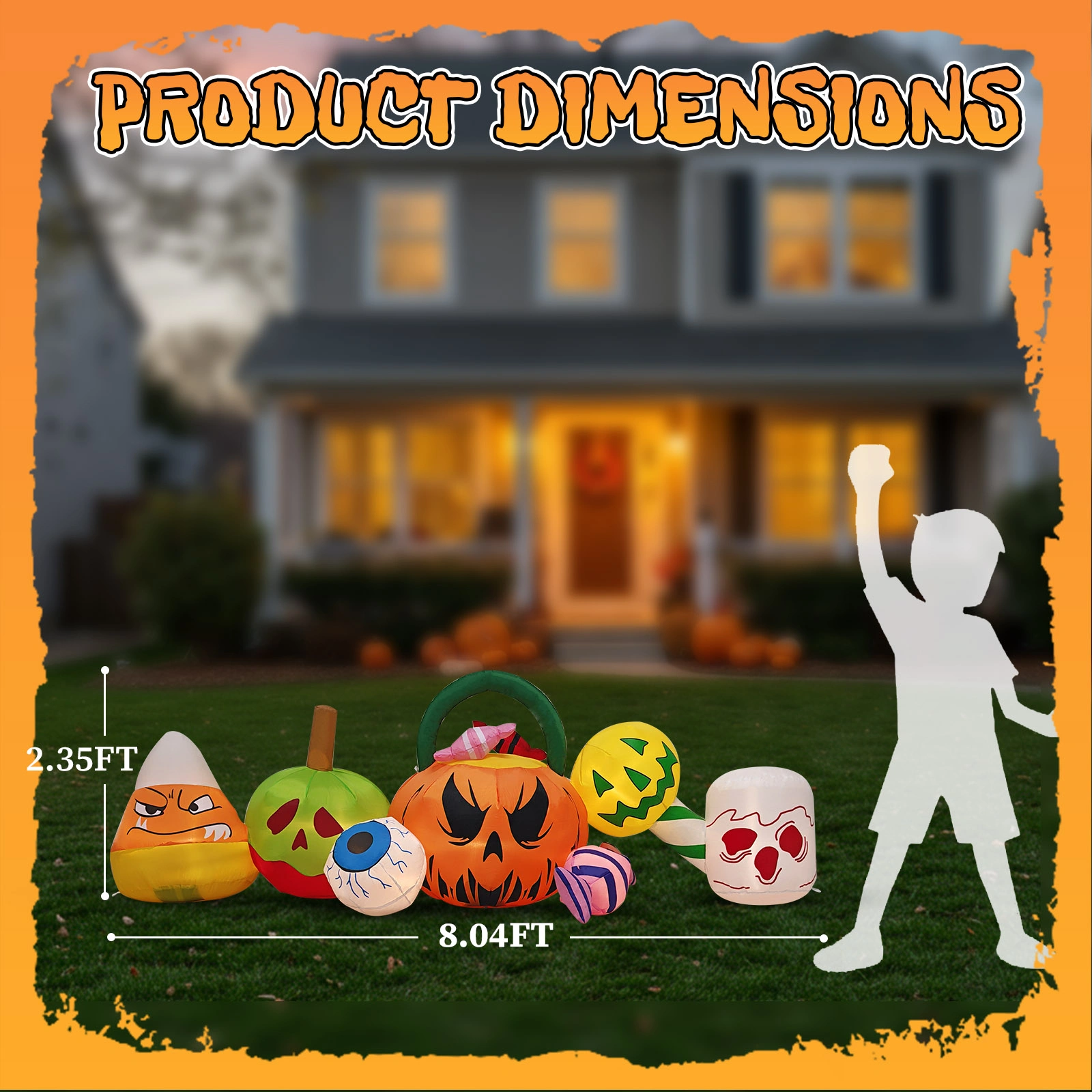 8FT Long Halloween Inflatables Pumpkins Eyeball Candy Outdoor Decorations, Blow Up Yard Decoration with Built-in LEDs Lighted for Lawn Garden Outside Indoor Decor view 8