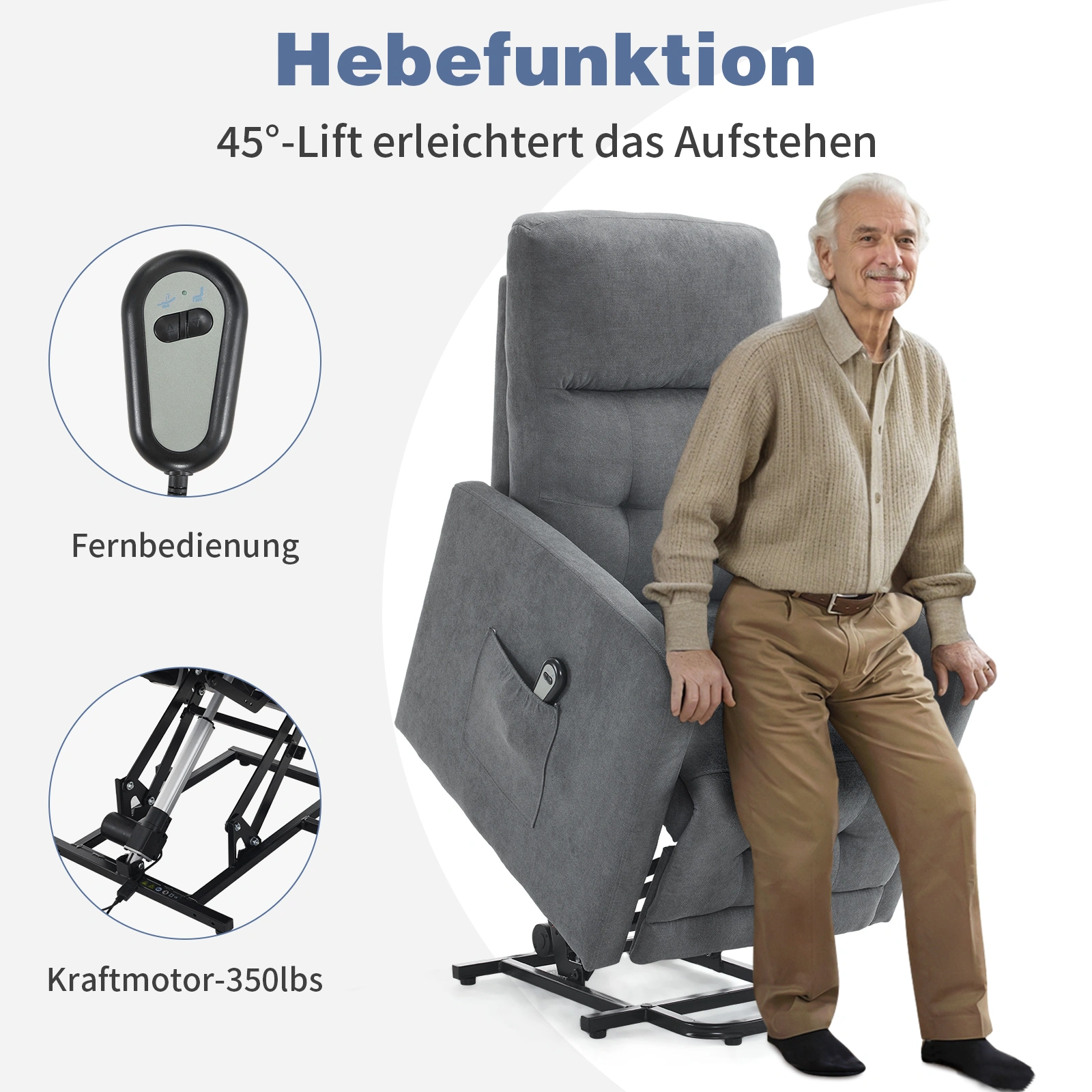 1pc Dark Gray Fabric Electric Lift Functional Chair for Elderly, 120kg Weight Capacity, Indoor Power Recliner
