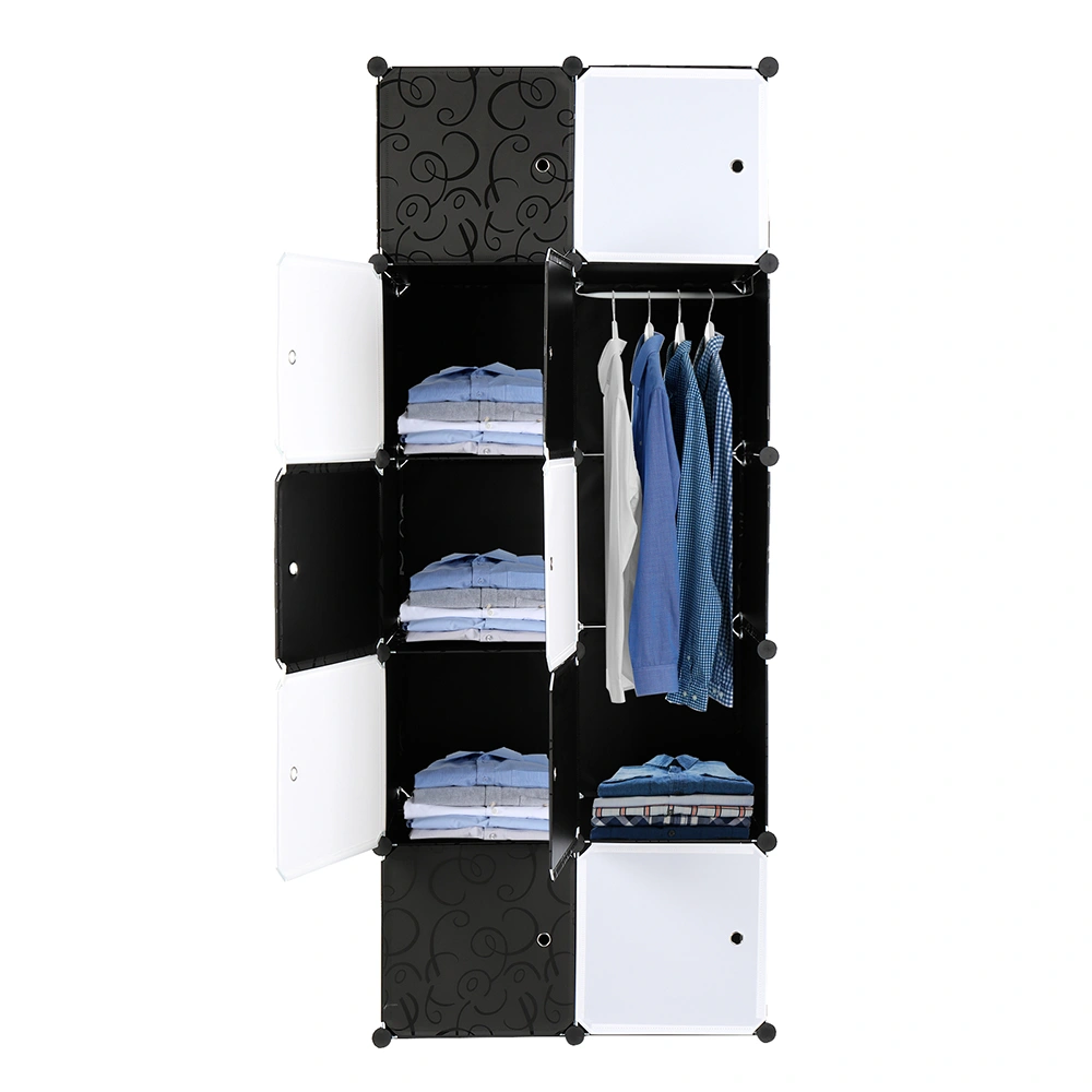 10-Cube Organizer Stackable Plastic Storage Shelves, Modular Closet Cabinet with Hanging Rod, Black & White view 2