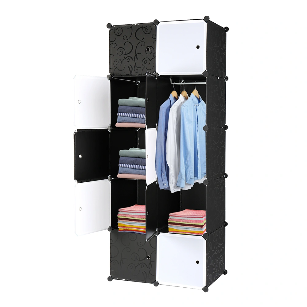 10-Cube Organizer Stackable Plastic Storage Shelves, Modular Closet Cabinet with Hanging Rod, Black & White view 3