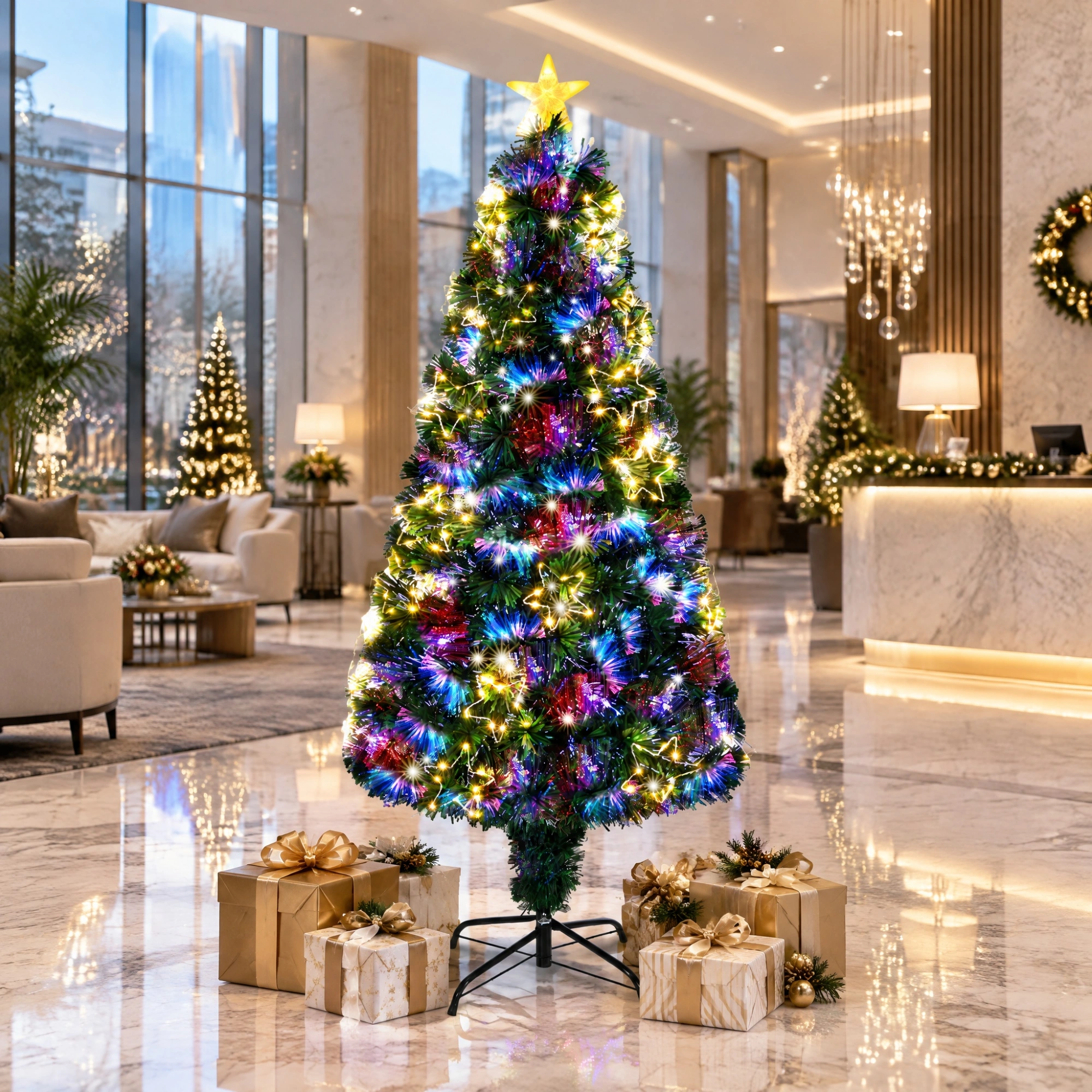 6 FT Pre-Lit Fiber Optic Christmas Tree, Artificial Xmas Tree with Lighted Star Topper & Ornaments, Multicolor LEDs, Green Home Office Party Decoration view 12