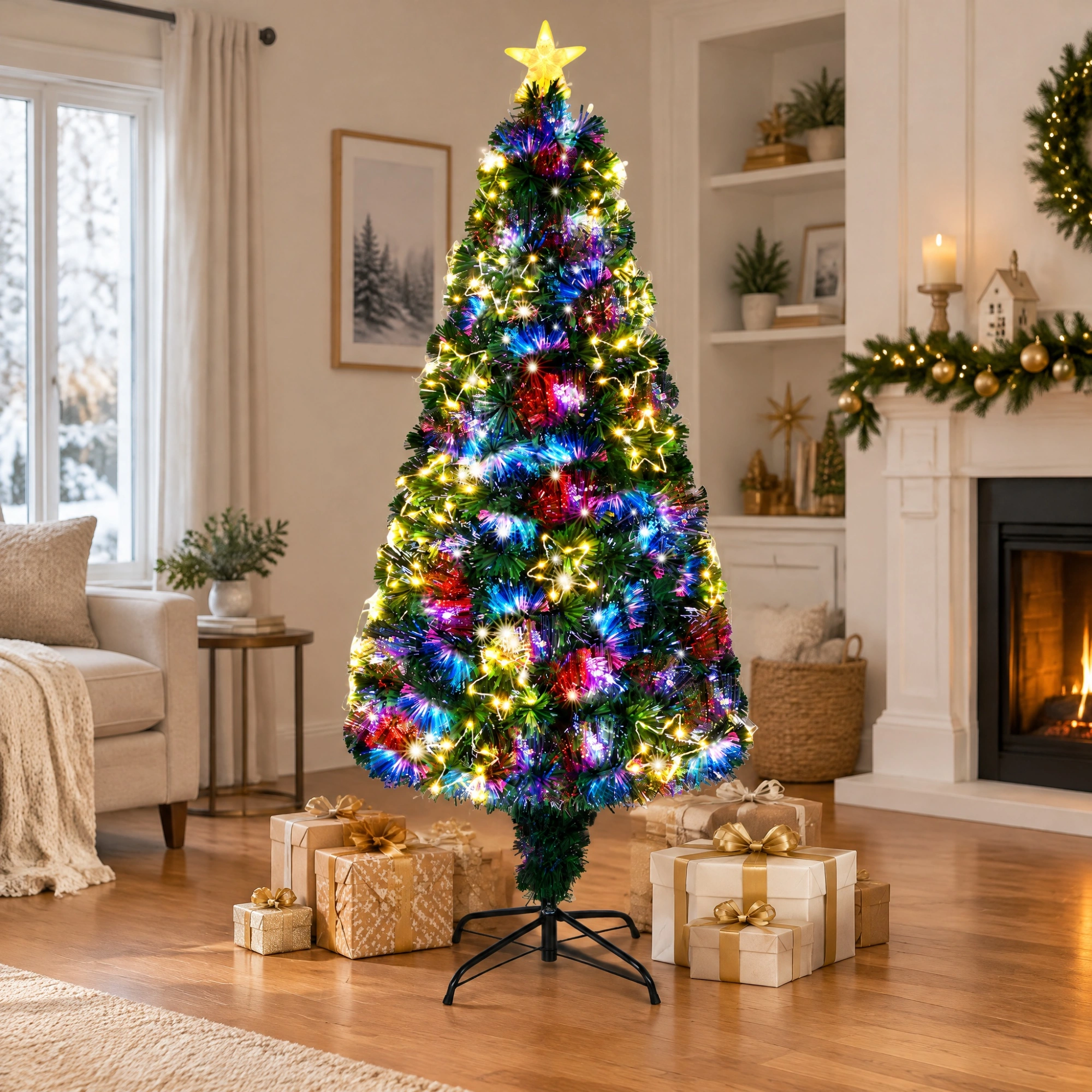 6 FT Pre-Lit Fiber Optic Christmas Tree, Artificial Xmas Tree with Lighted Star Topper & Ornaments, Multicolor LEDs, Green Home Office Party Decoration view 3