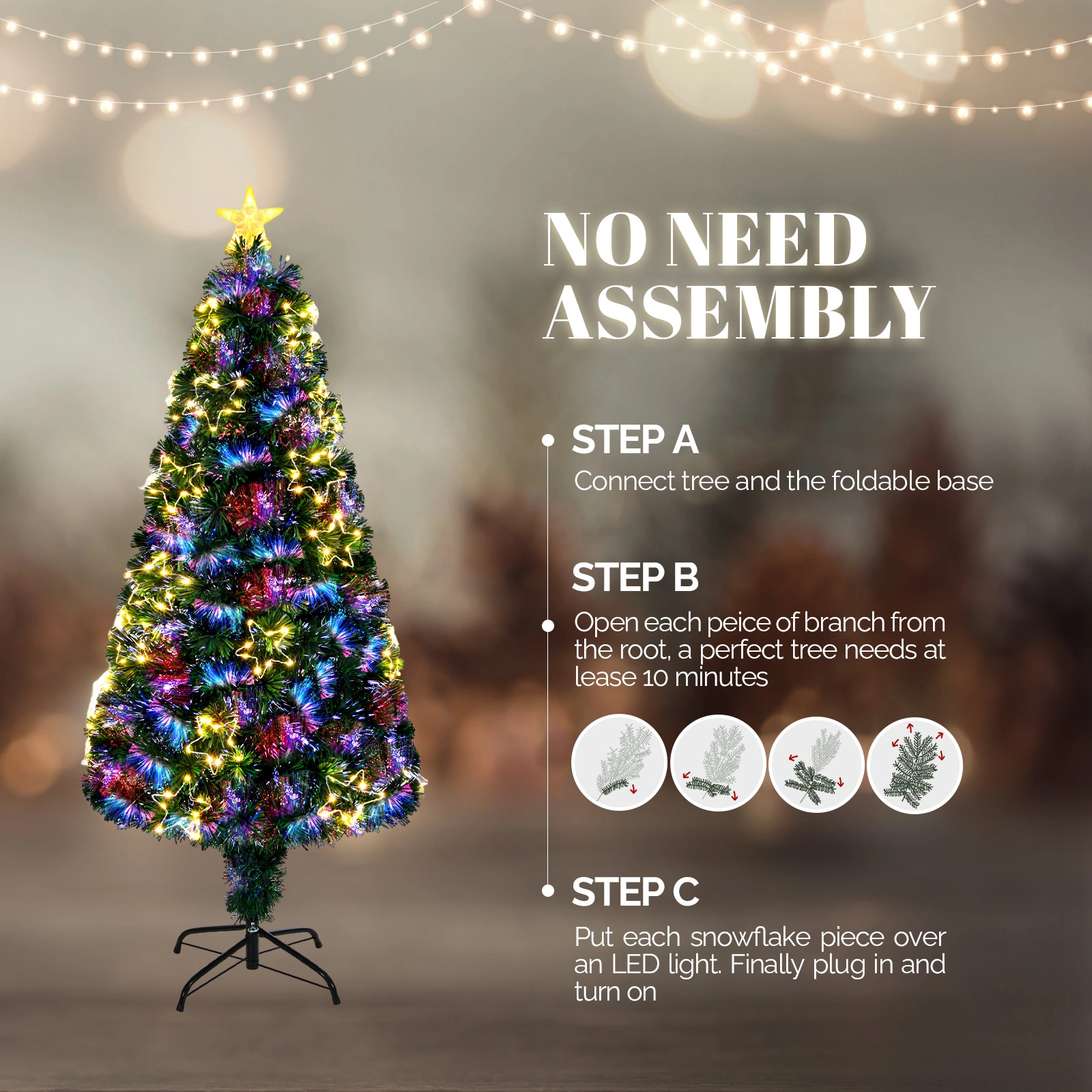 6 FT Pre-Lit Fiber Optic Christmas Tree, Artificial Xmas Tree with Lighted Star Topper & Ornaments, Multicolor LEDs, Green Home Office Party Decoration view 5