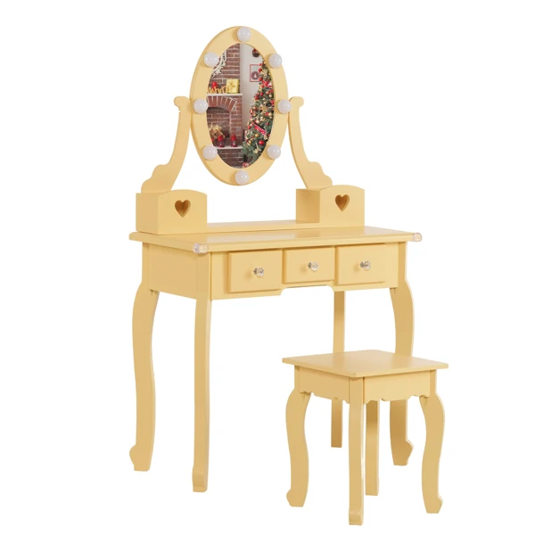 Kids Vanity Set with Mirror and Lights and Stool, 5 Storage Drawers, Pretend Play Princess Makeup Desk Dressing Table and Stool Set for Little Girls Age 3+, Macaroon Orange view 2