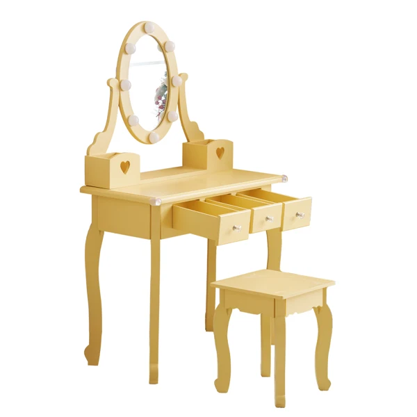 Kids Vanity Set with Mirror and Lights and Stool, 5 Storage Drawers, Pretend Play Princess Makeup Desk Dressing Table and Stool Set for Little Girls Age 3+, Macaroon Orange view 3