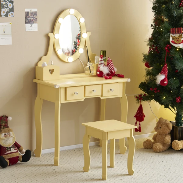 Kids Vanity Set with Mirror and Lights and Stool, 5 Storage Drawers, Pretend Play Princess Makeup Desk Dressing Table and Stool Set for Little Girls Age 3+, Macaroon Orange view 6