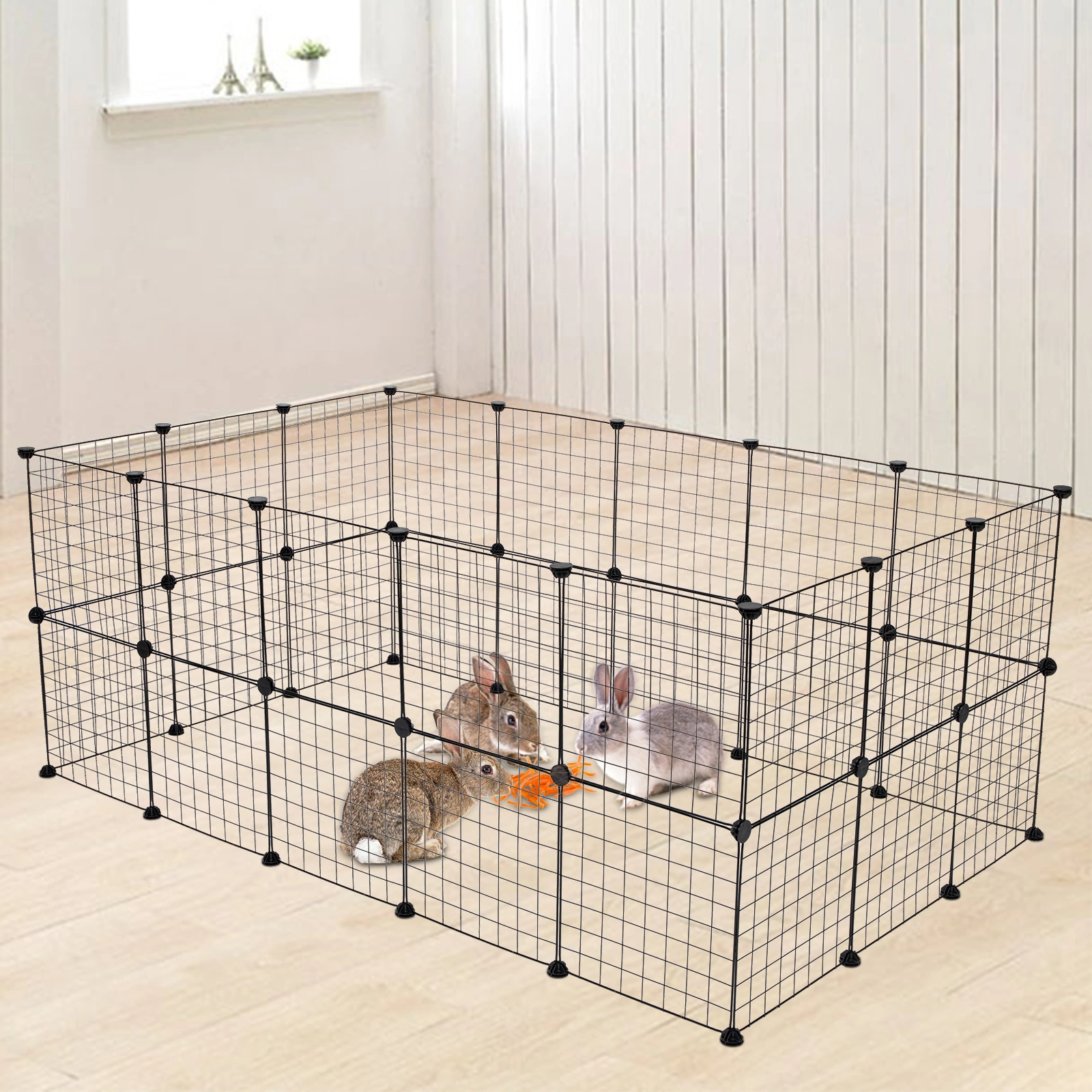 24+8 Piece Pet Playpen Small Animal Cage Portable Metal Wire Fence for Guinea Pigs Rabbits, Black