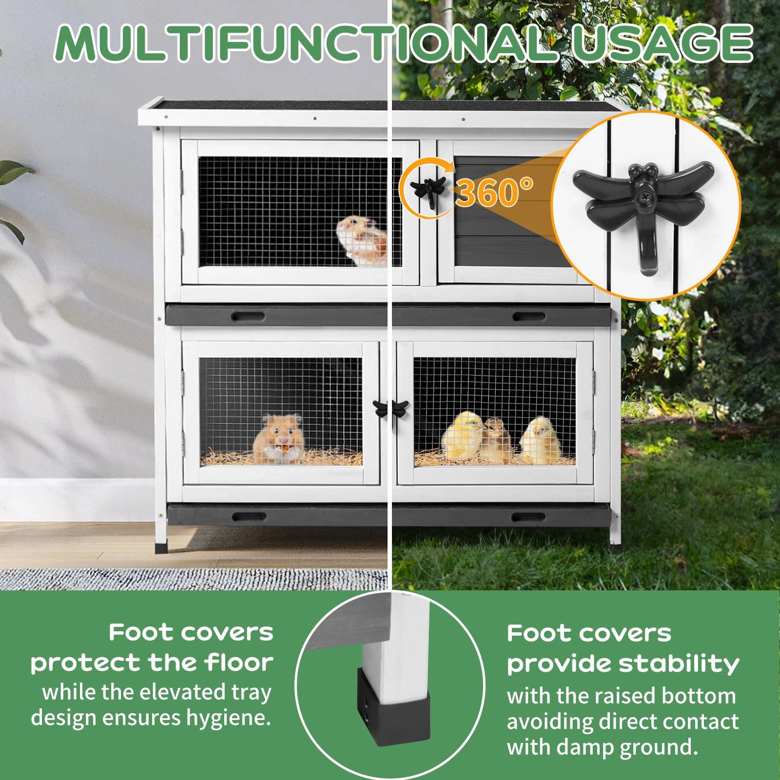 2 Story Solid Wood Rabbit Hutch Bunny Cage with 2 Large Main Rooms, Indoor Outdoor Rabbit House Guinea Pig Cage Pet House for Small Animals with 2 Removable Trays, Grey view 7