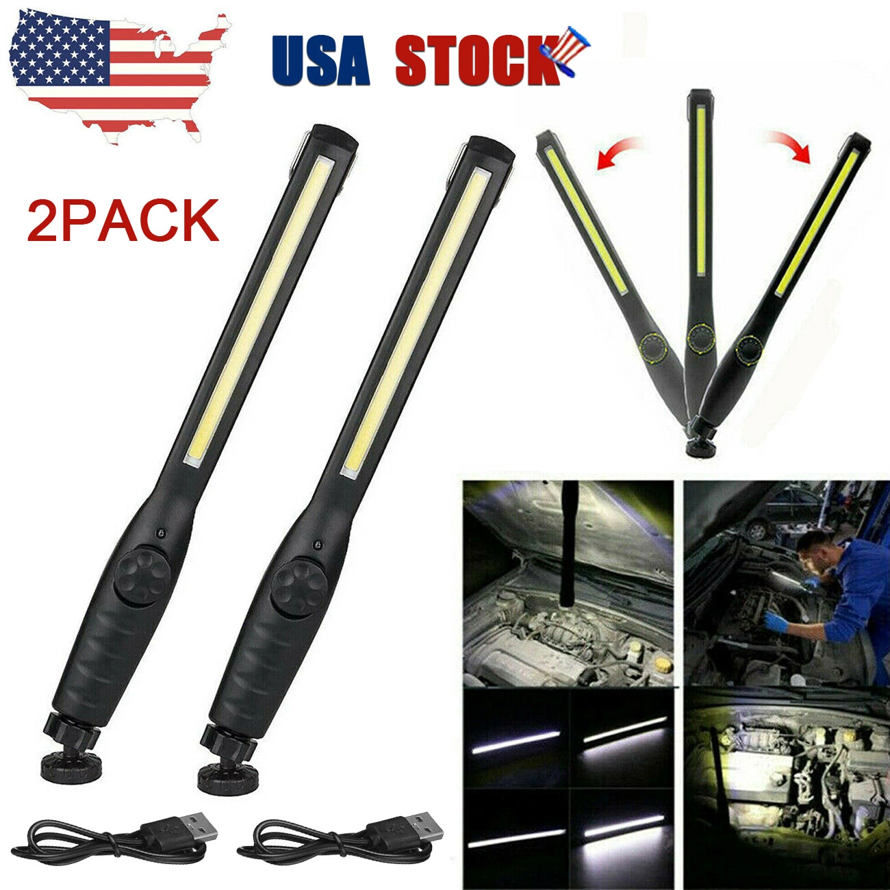 2 Pack USB Rechargeable LED Work Lights Magnetic Base Flashlight for Outdoor Camping