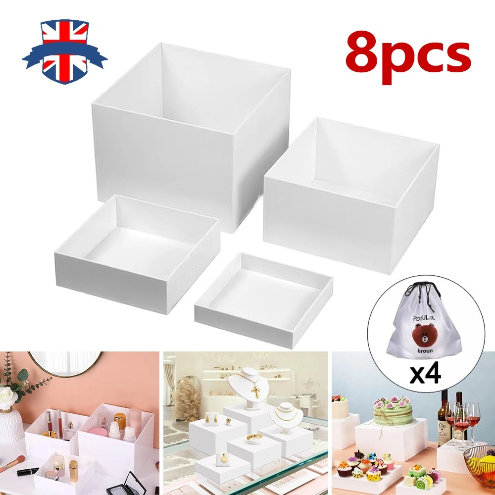 4+4 PCS Acrylic Cube Display Boxes Nesting Risers Clear Cake Stands Dessert Stand Tiered UK view 2