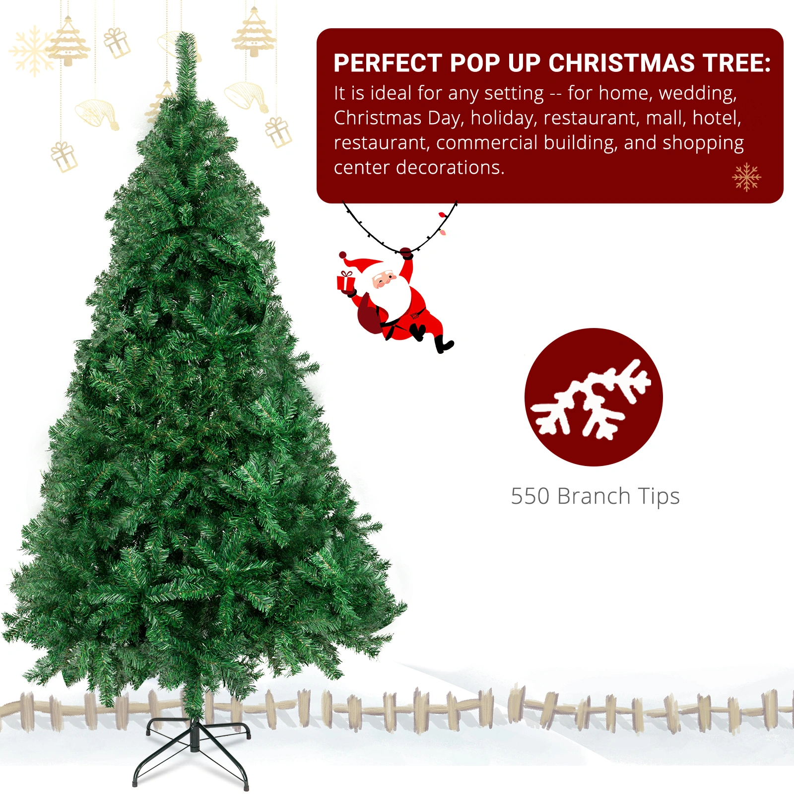6FT Artificial Christmas Tree with 550 Branch Tips, Full Full-Peel Pre-Lit Pine Tree for Indoor Outdoor Holiday Christmas Home Decor view 3