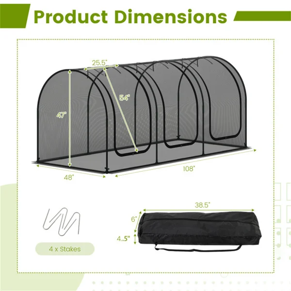 Green 108"x48"x47" Garden Crop Cage with High-Density Nylon Mesh, Plant Protection Tent with Zippered Doors for Vegetables & Flowers view 3