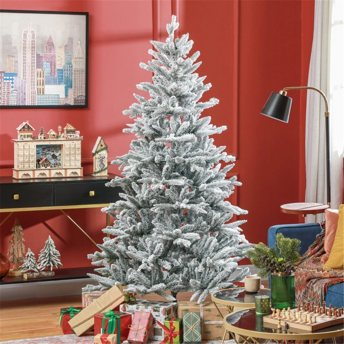 6ft Artificial Christmas Tree, Full Pre-Lit Pine Holiday Tree with LED Lights for Indoor Outdoor Decor view 7