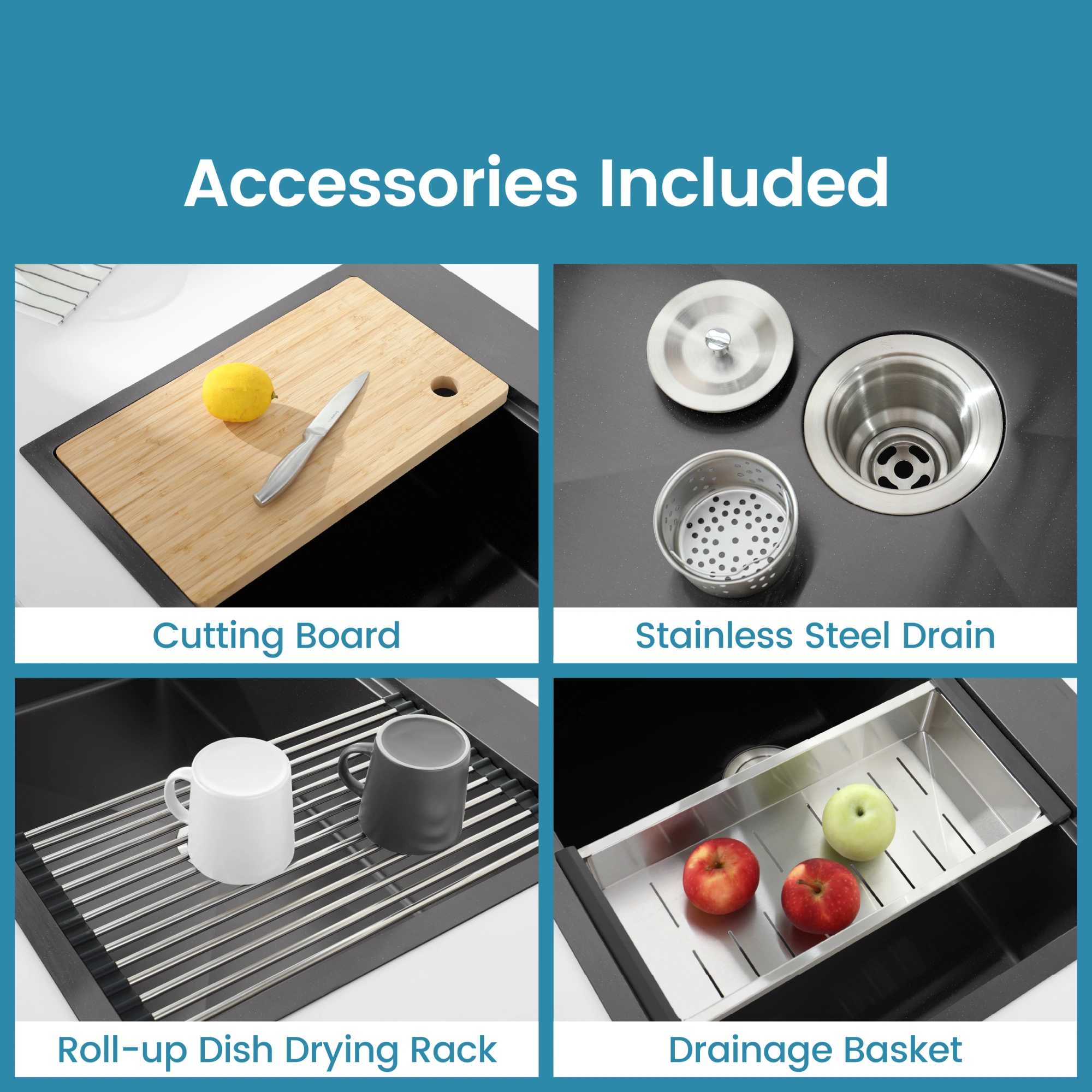 33x22 Black Stainless Steel Kitchen Sink, Single Bowl Overmount Handmade Sink with Cutting Board & Colander view 11