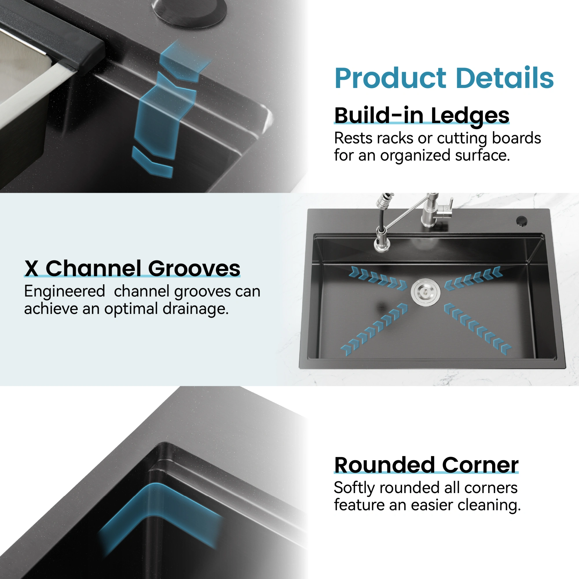 33x22 Black Stainless Steel Kitchen Sink, Single Bowl Overmount Handmade Sink with Cutting Board & Colander view 2