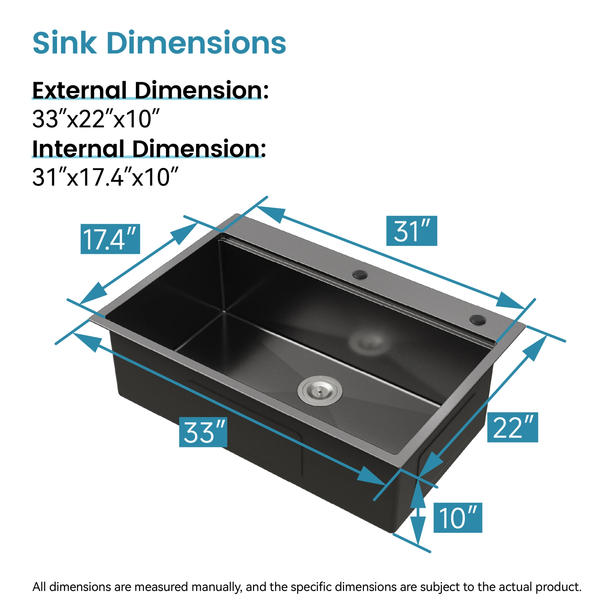 33x22 Black Stainless Steel Kitchen Sink, Single Bowl Overmount Handmade Sink with Cutting Board & Colander view 5