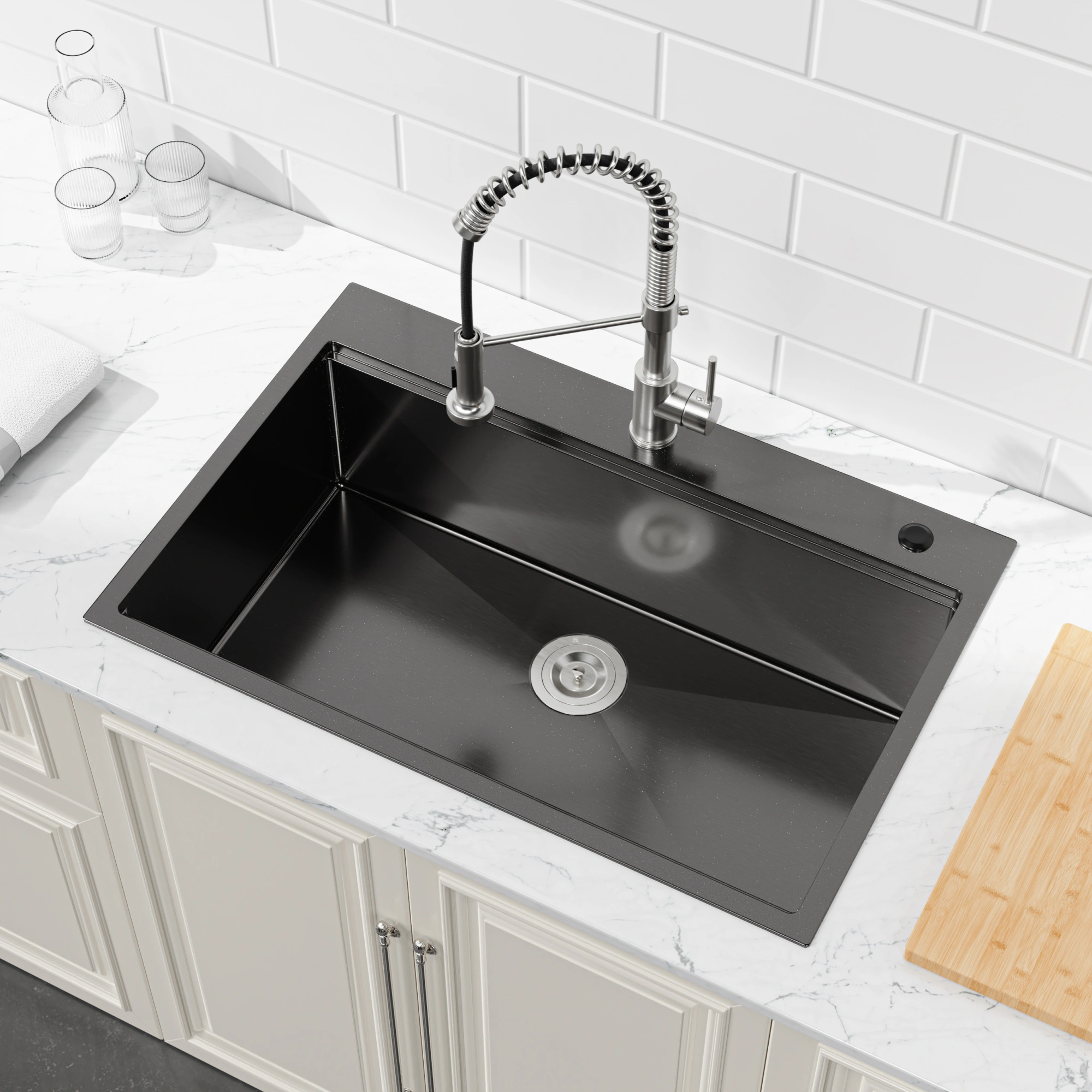 33x22 Black Stainless Steel Kitchen Sink, Single Bowl Overmount Handmade Sink with Cutting Board & Colander view 6