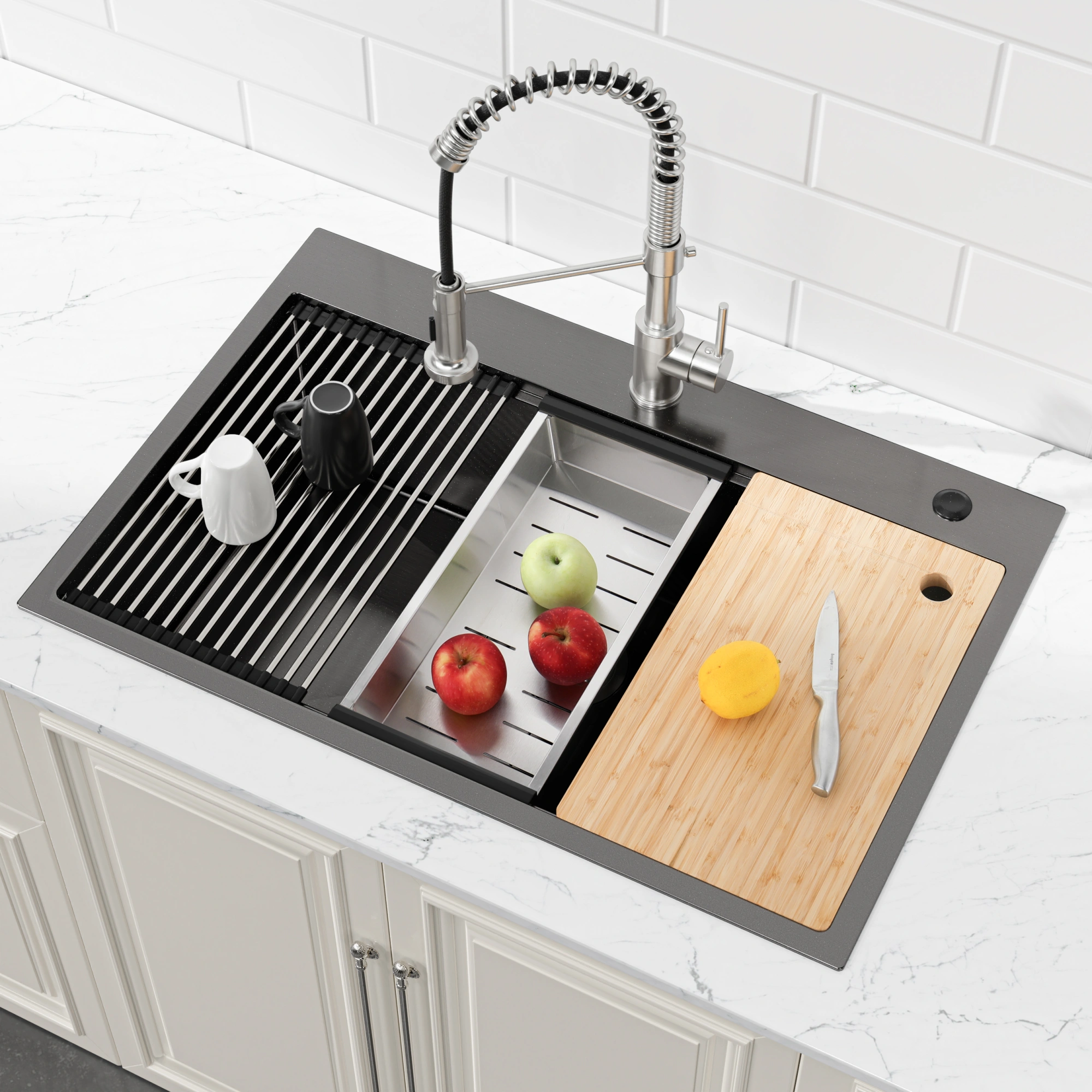 33x22 Black Stainless Steel Kitchen Sink, Single Bowl Overmount Handmade Sink with Cutting Board & Colander view 8