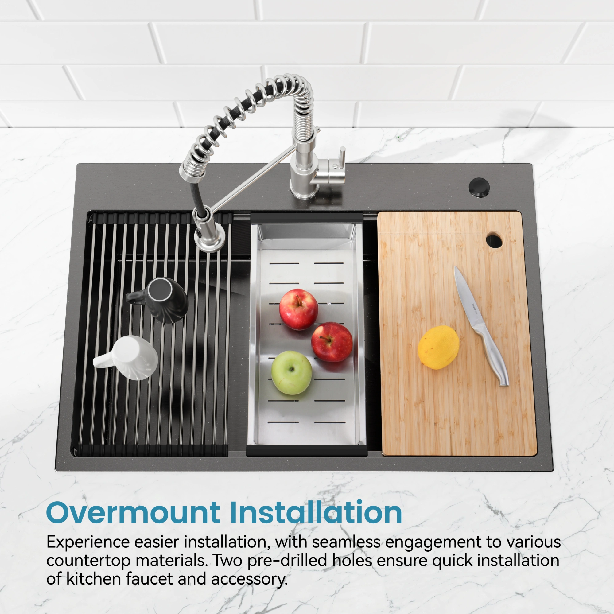 33x22 Black Stainless Steel Kitchen Sink, Single Bowl Overmount Handmade Sink with Cutting Board & Colander view 9