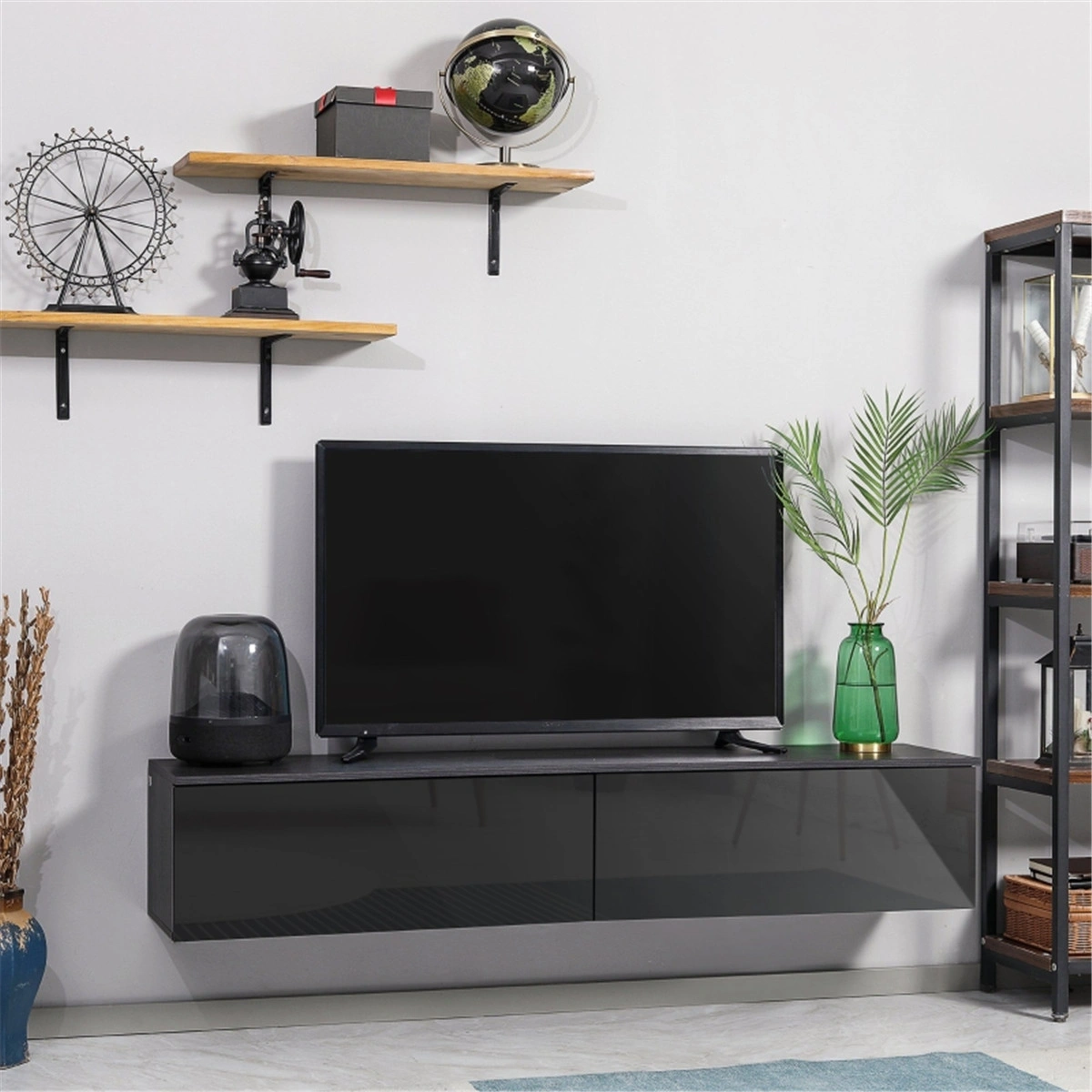 TV Stand Cabinet Console, 55" Electric Fireplace, Remote Control, Storage Compartment, Black