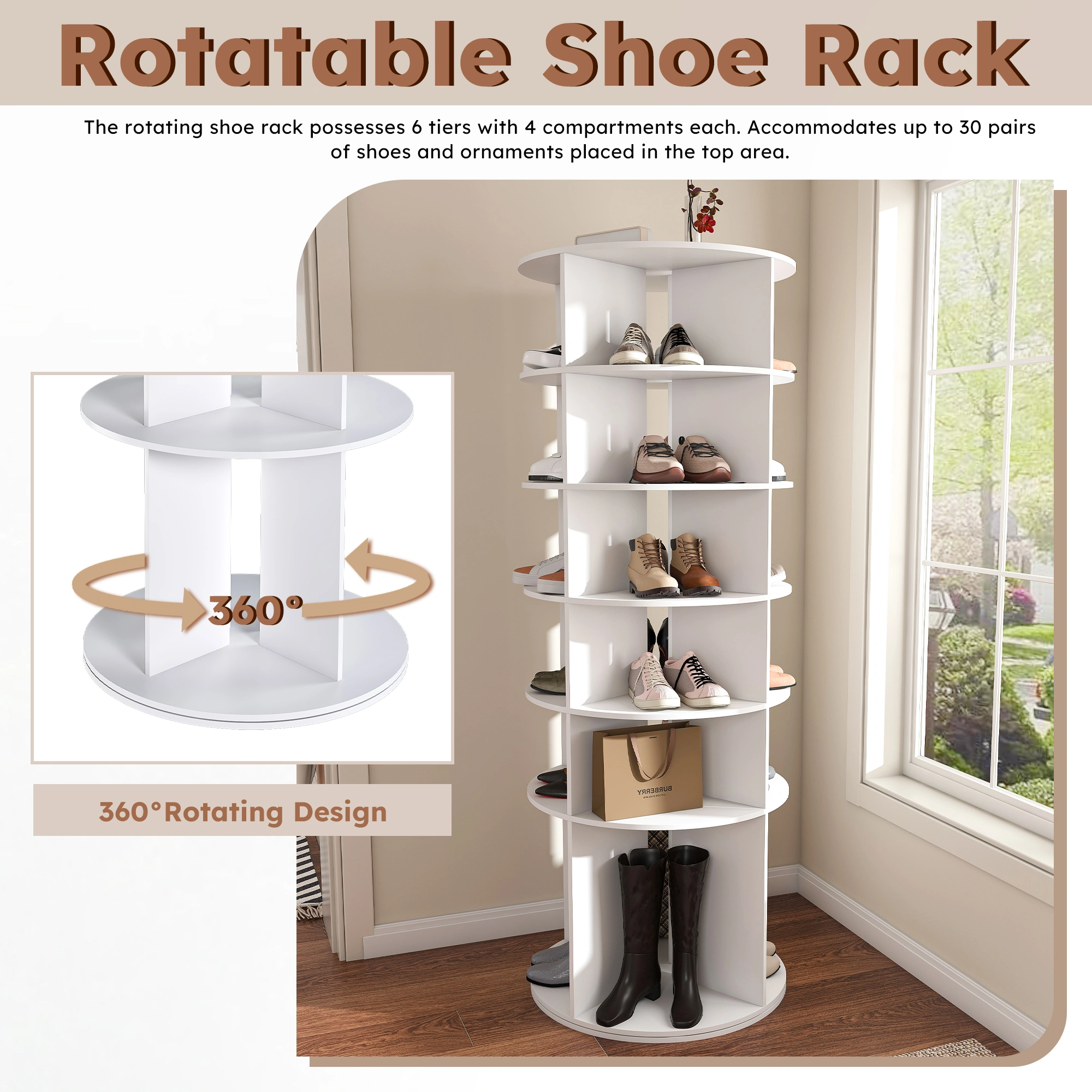 Rotating Shoe Rack Tower, 6-Tier 360° Spinning Shoe Organizer, Free Standing Revolving Shoe Storage with High Bottom Design view 5