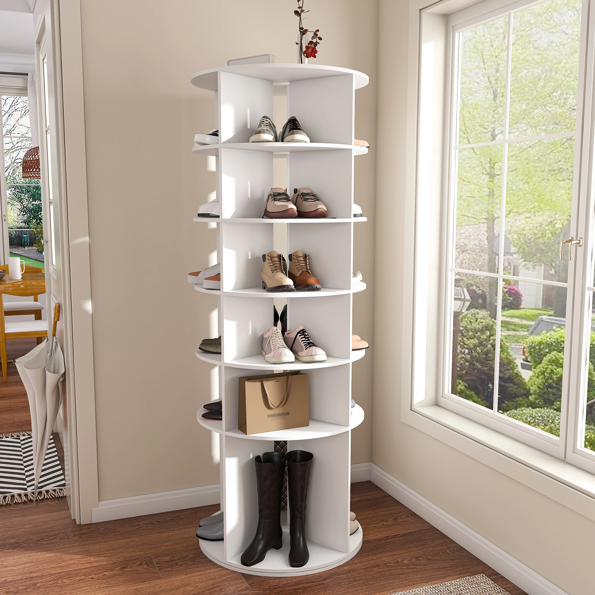 Rotating Shoe Rack Tower, 6-Tier 360° Spinning Shoe Organizer, Free Standing Revolving Shoe Storage with High Bottom Design view 6