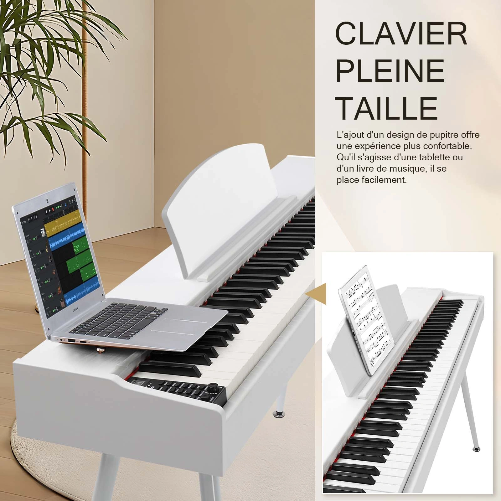 Glarry GDP-203 88-Key Weighted Digital Piano - Full Size Electric Keyboard with Metal Stand, Triple Pedals, Power Adapter, Headphones, White, Beginner to Advanced view 4