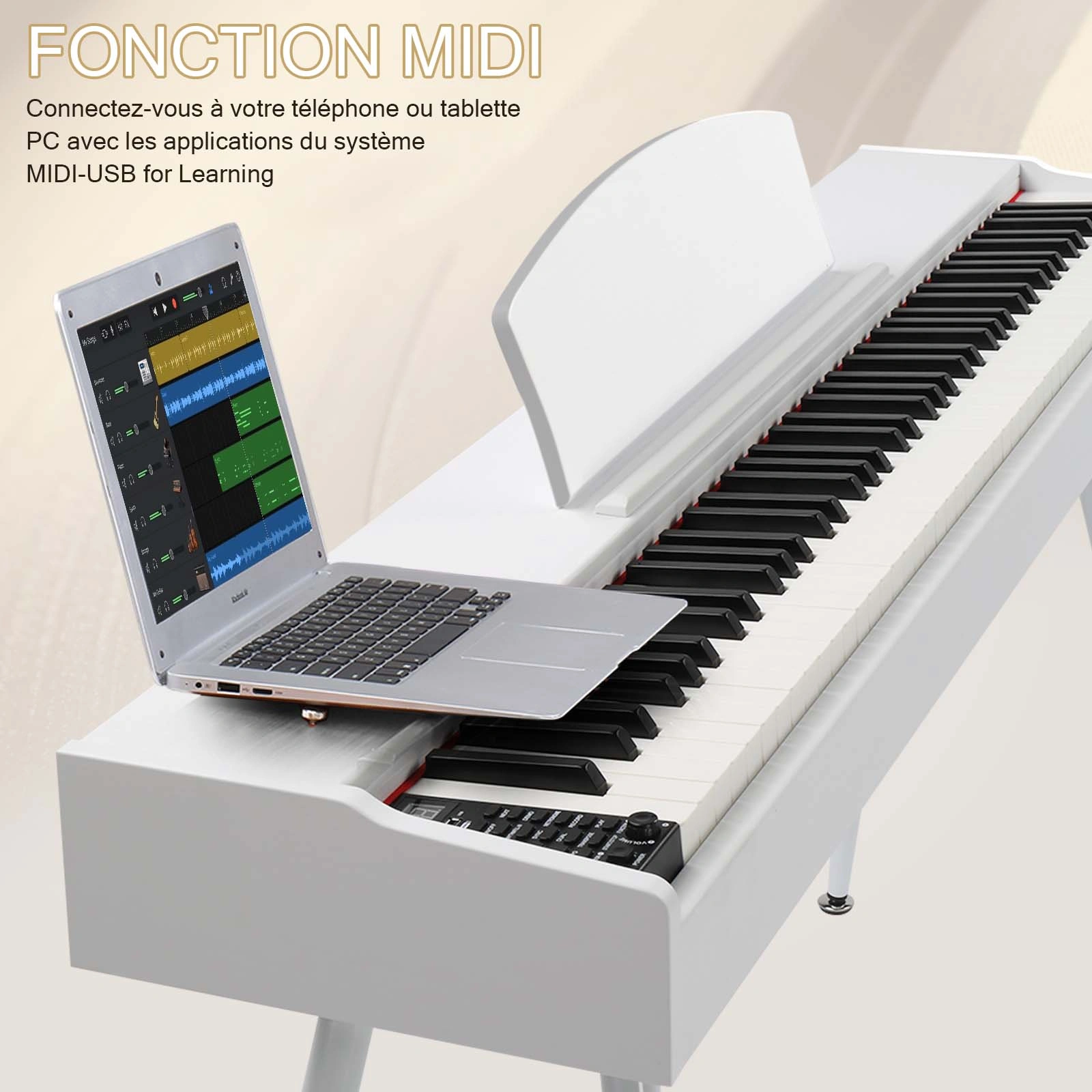 Glarry GDP-203 88-Key Weighted Digital Piano - Full Size Electric Keyboard with Metal Stand, Triple Pedals, Power Adapter, Headphones, White, Beginner to Advanced view 5