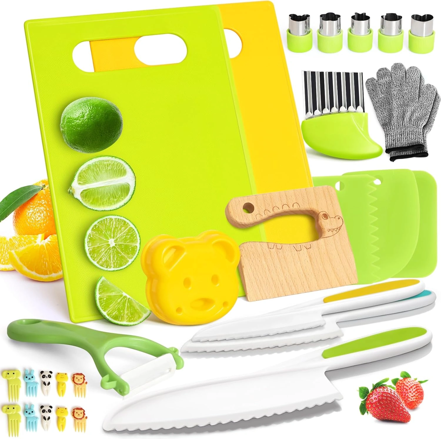 28PCS Knife Set - Kids Knifes for Real Cooking, Montessori Kids Kitchen Knife Set with Cutting Board Crinkle Cutters Kid Safe Knives, Kitchen Tools Old Girl Boy