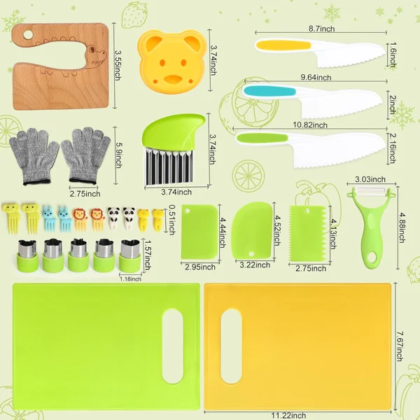 28PCS Knife Set - Kids Knifes for Real Cooking, Montessori Kids Kitchen Knife Set with Cutting Board Crinkle Cutters Kid Safe Knives, Kitchen Tools Old Girl Boy view 5