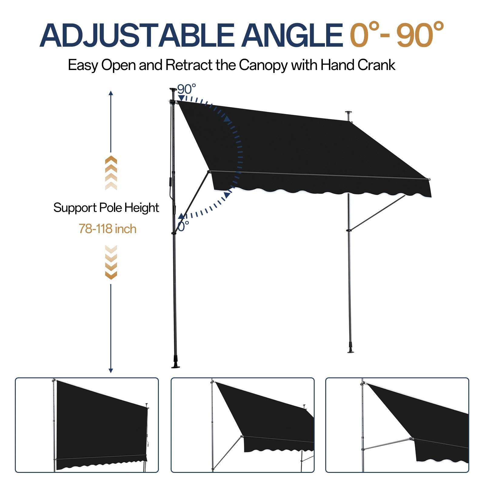 Retractable Awning 78.7D x 59.1W x (78.7-118.1)H Black Foldable Outdoor Canopy view 10