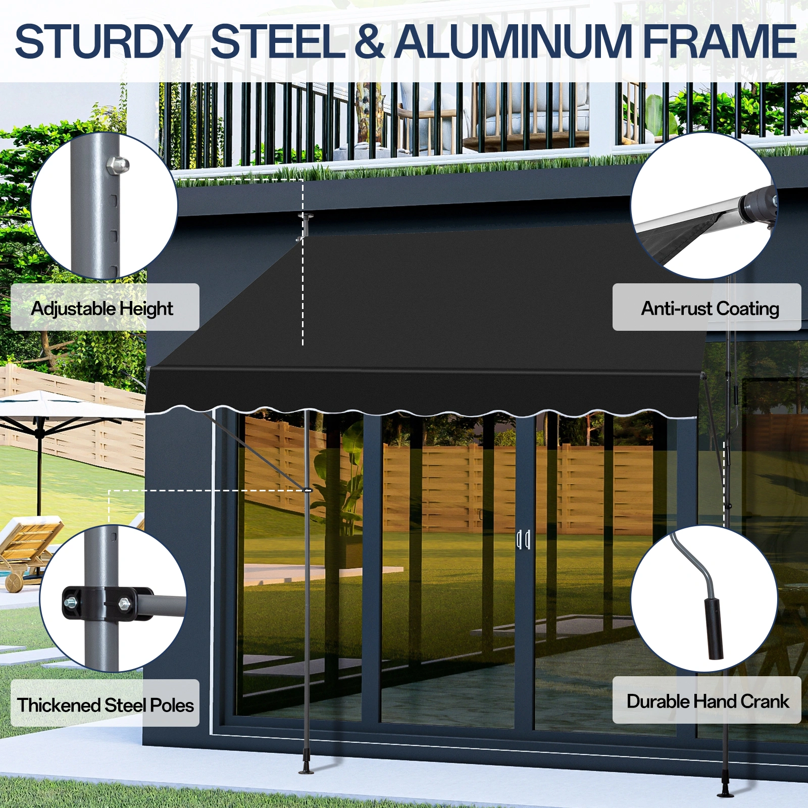 Retractable Awning 78.7D x 59.1W x (78.7-118.1)H Black Foldable Outdoor Canopy view 11