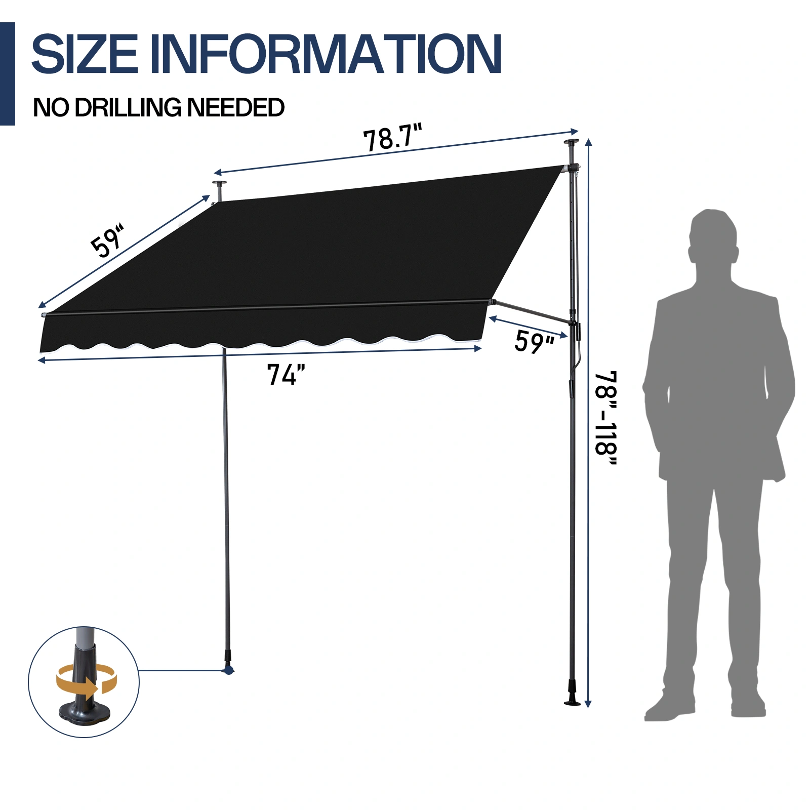 Retractable Awning 78.7D x 59.1W x (78.7-118.1)H Black Foldable Outdoor Canopy view 8