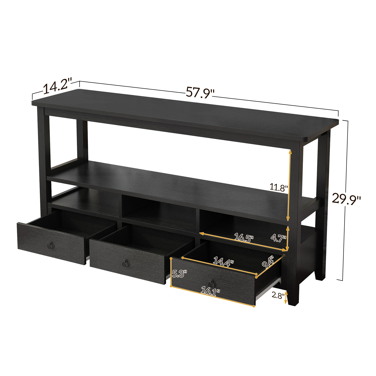 3-Tier Console Table with 3 Drawers & Shelves, Industrial Vintage Entryway Table for Living Room Bedroom, Black view 11