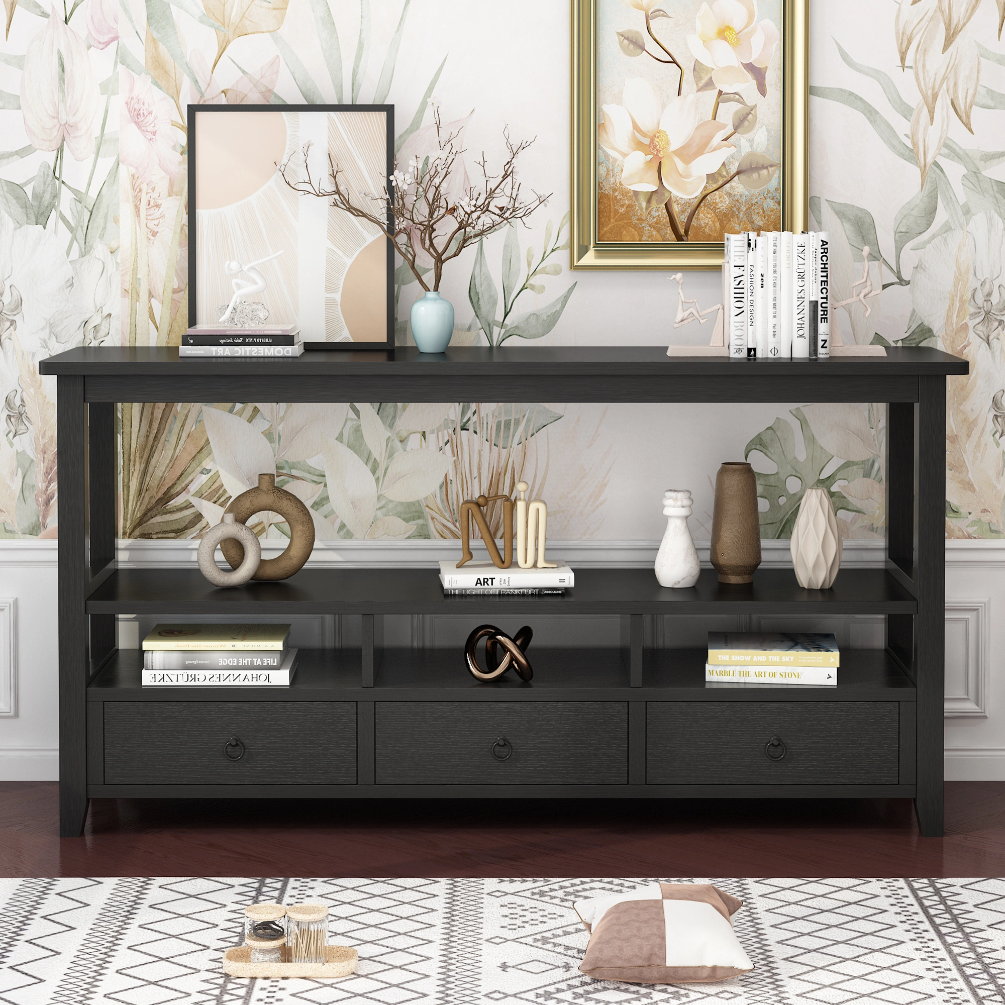 3-Tier Console Table with 3 Drawers & Shelves, Industrial Vintage Entryway Table for Living Room Bedroom, Black view 2