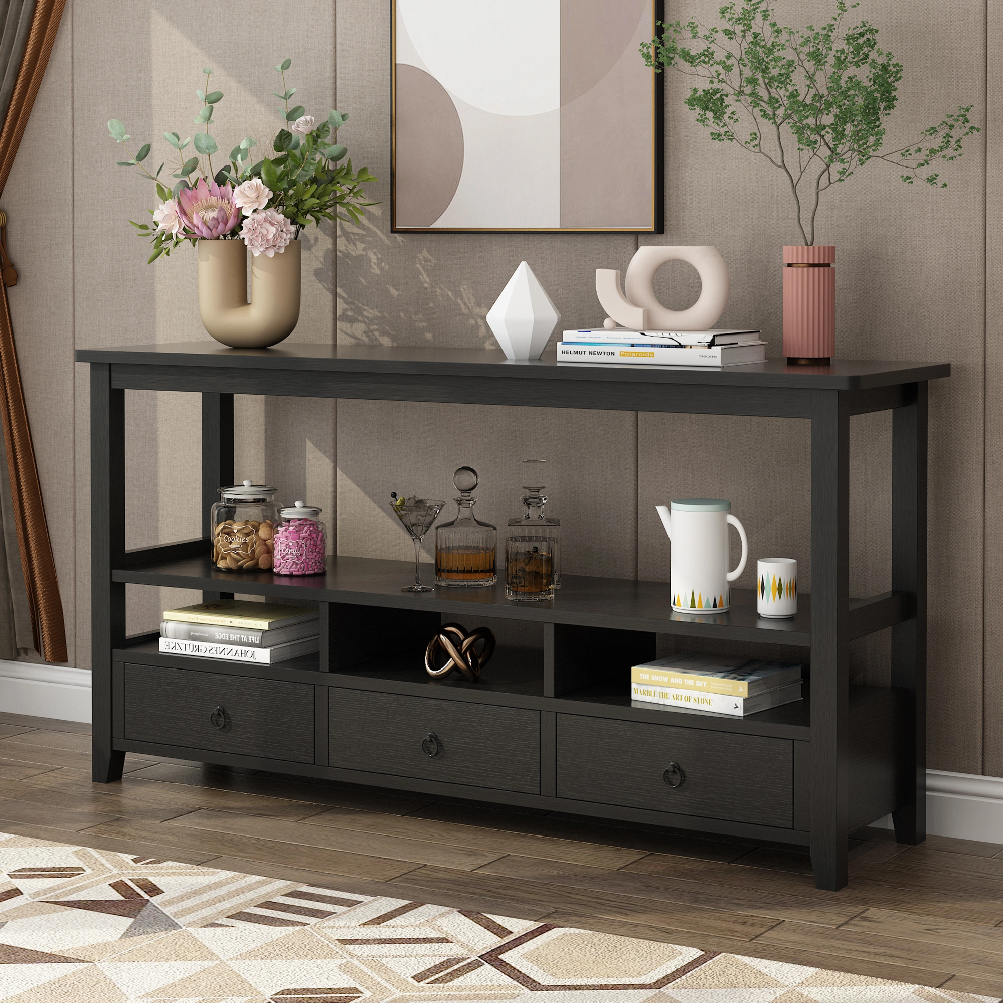 3-Tier Console Table with 3 Drawers & Shelves, Industrial Vintage Entryway Table for Living Room Bedroom, Black view 3