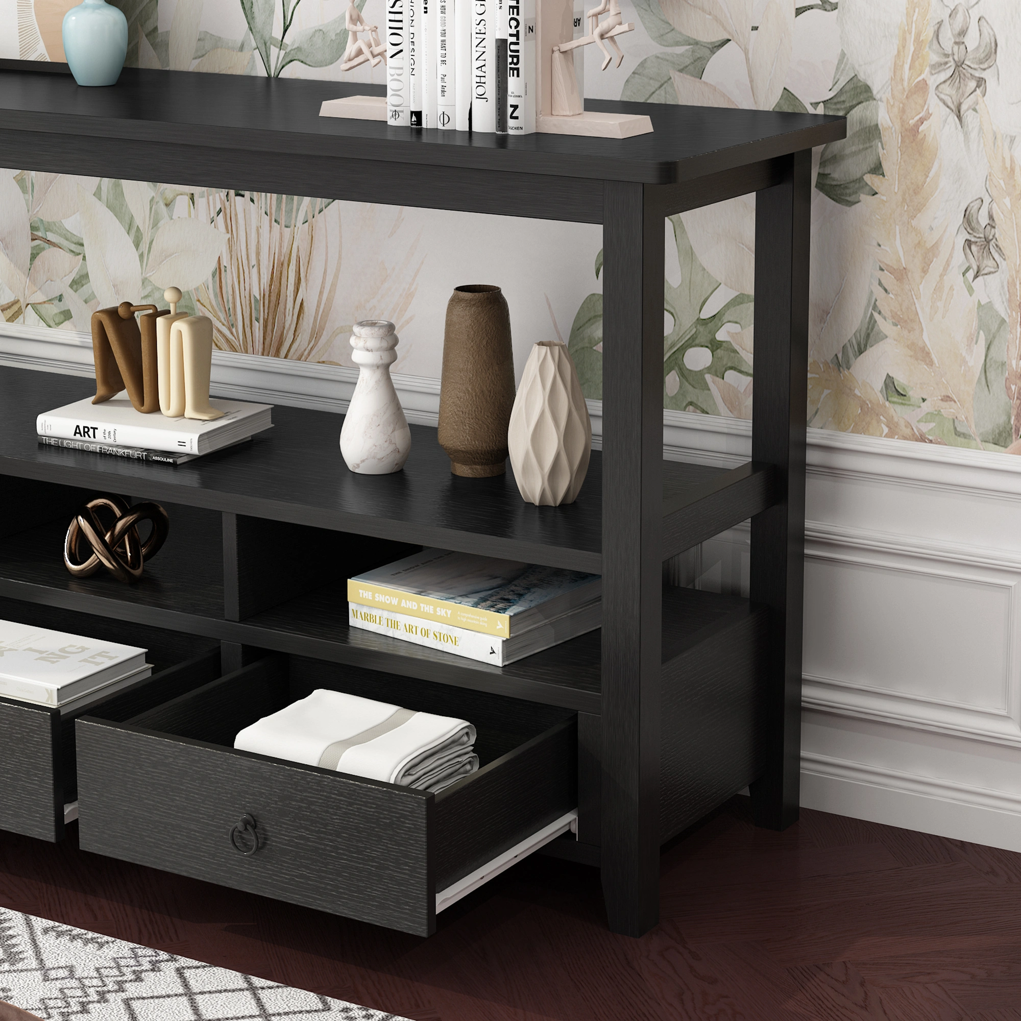 3-Tier Console Table with 3 Drawers & Shelves, Industrial Vintage Entryway Table for Living Room Bedroom, Black view 4