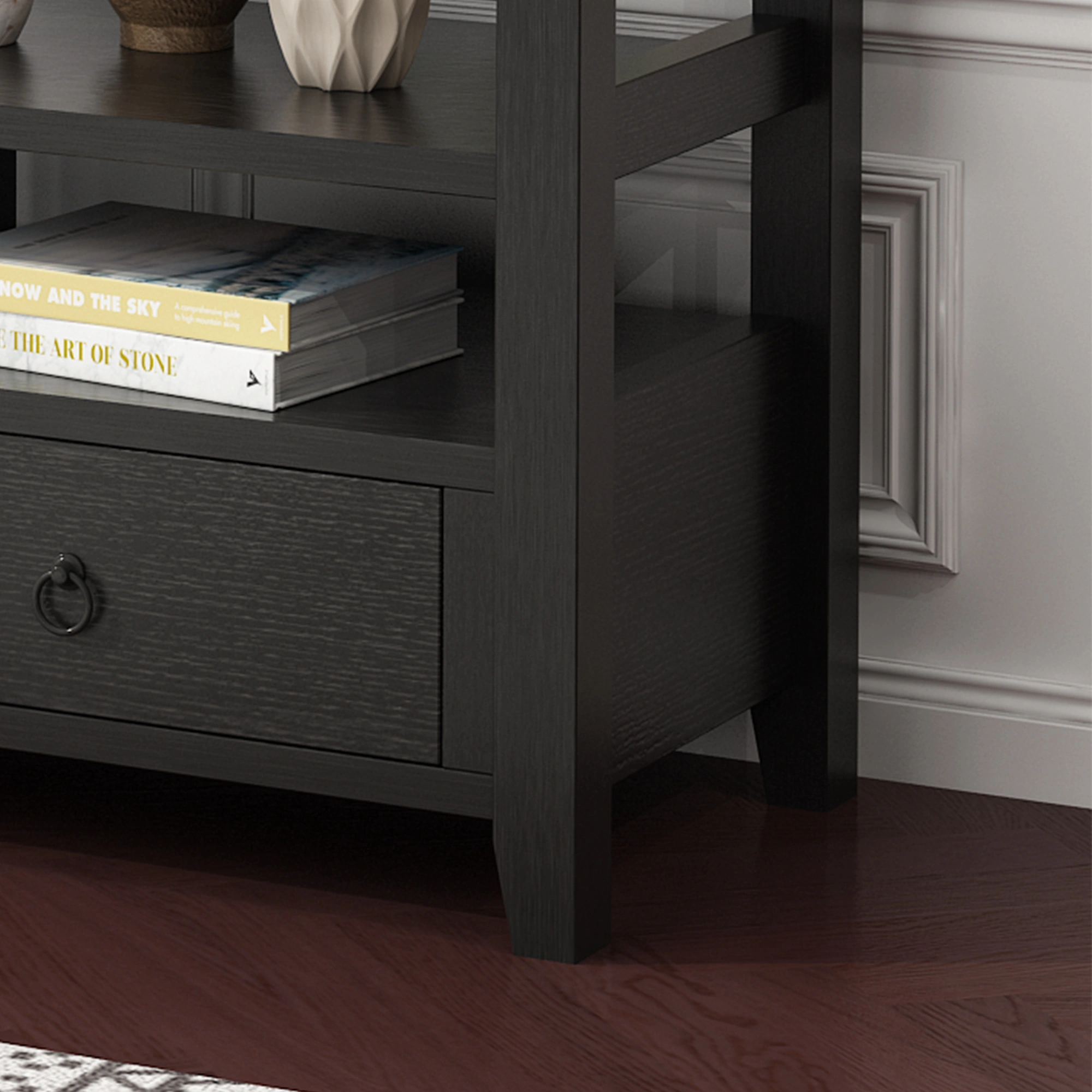 3-Tier Console Table with 3 Drawers & Shelves, Industrial Vintage Entryway Table for Living Room Bedroom, Black view 5