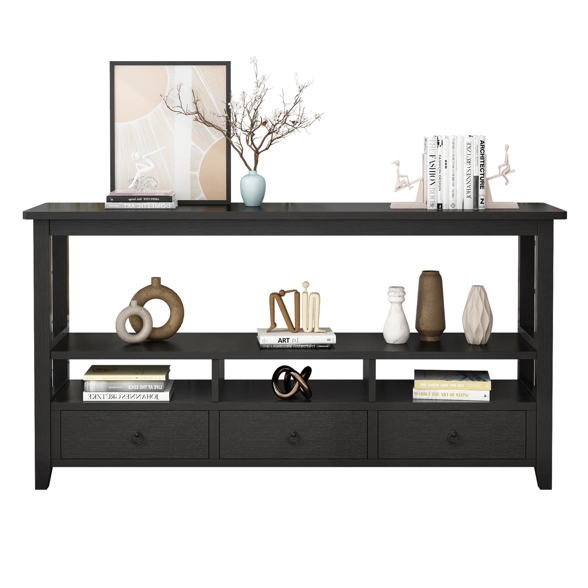 3-Tier Console Table with 3 Drawers & Shelves, Industrial Vintage Entryway Table for Living Room Bedroom, Black view 6