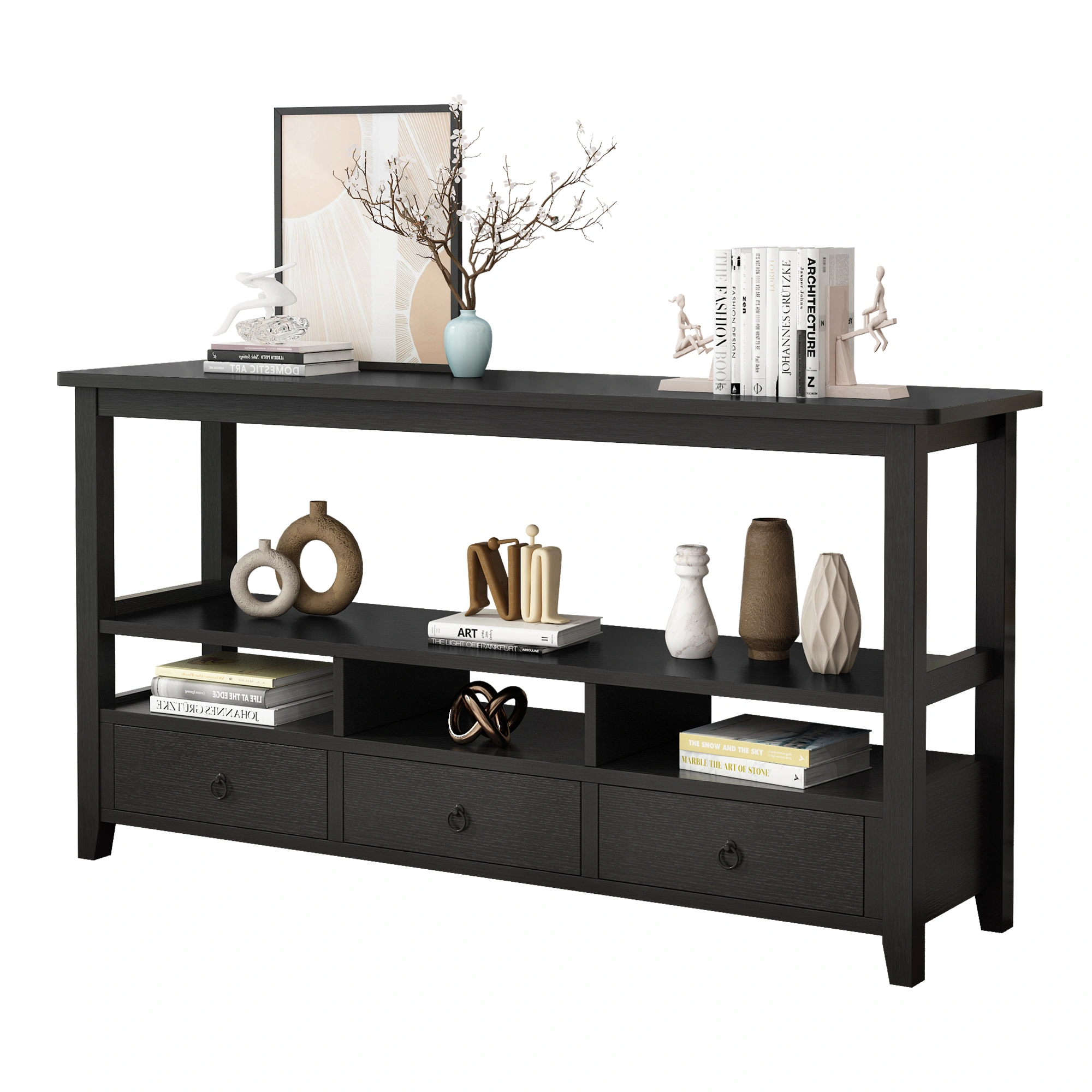 3-Tier Console Table with 3 Drawers & Shelves, Industrial Vintage Entryway Table for Living Room Bedroom, Black view 7
