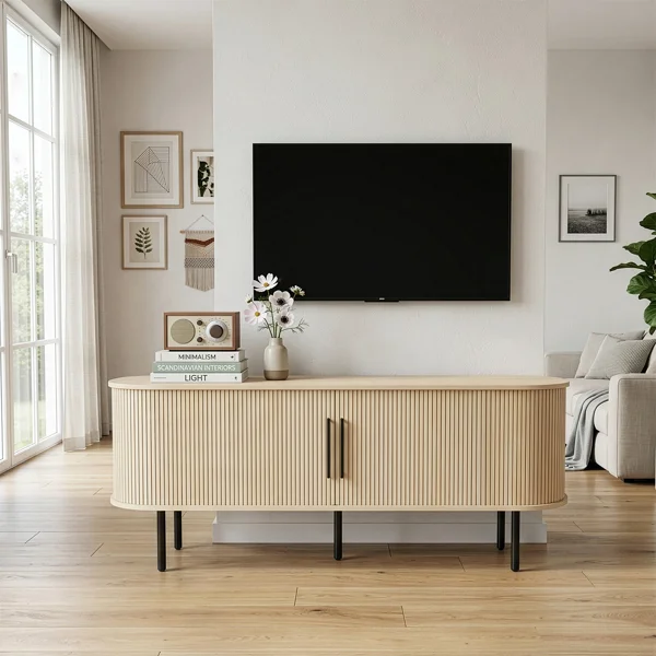 Oak Color Embossed Particle Board TV Stand, Oval Tabletop 147×35×58cm, Modern Entertainment Center with Sliding Grid Doors, Media Console Cabinet for Living Room Home Decor