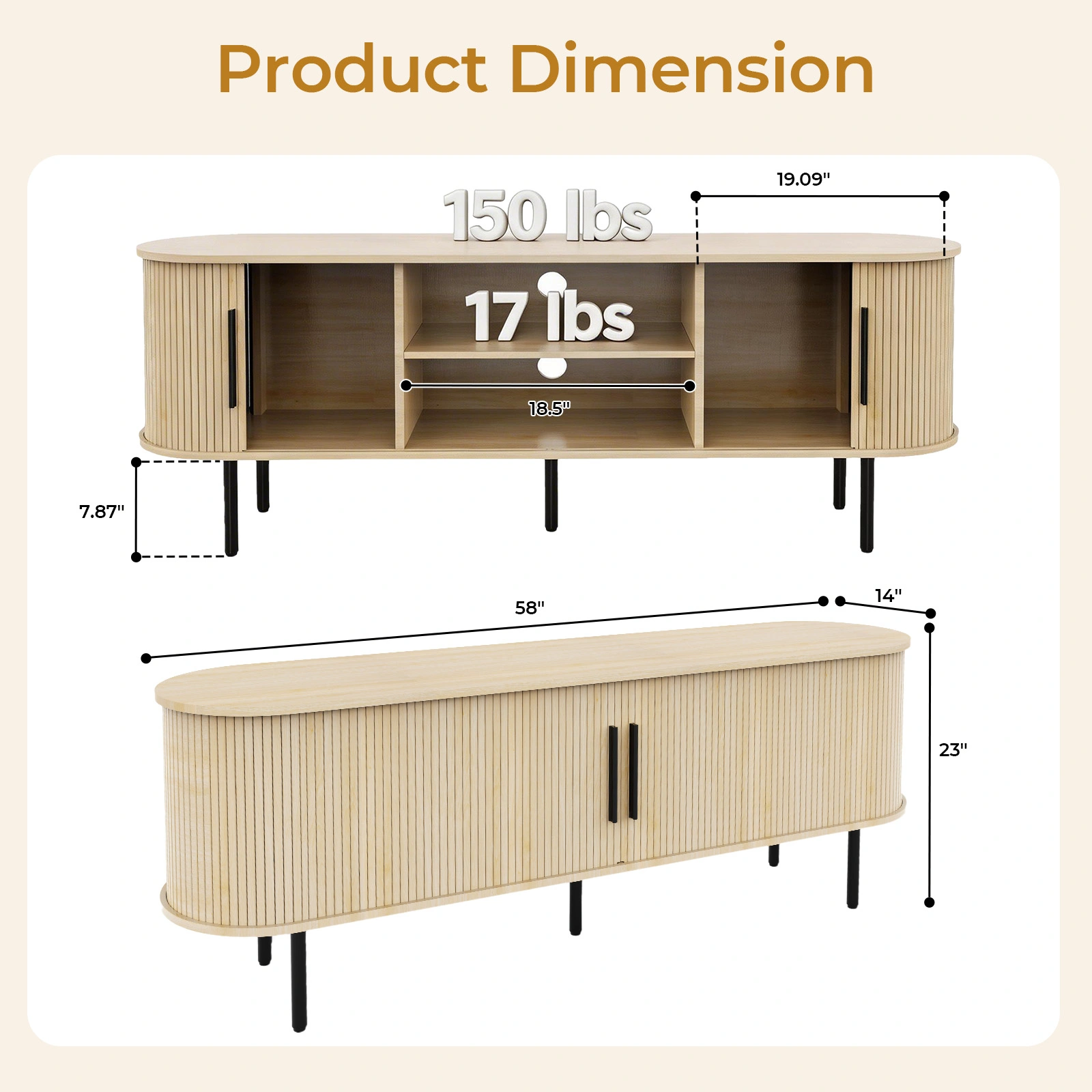 Oak Color Embossed Particle Board TV Stand, Oval Tabletop 147×35×58cm, Modern Entertainment Center with Sliding Grid Doors, Media Console Cabinet for Living Room Home Decor view 11