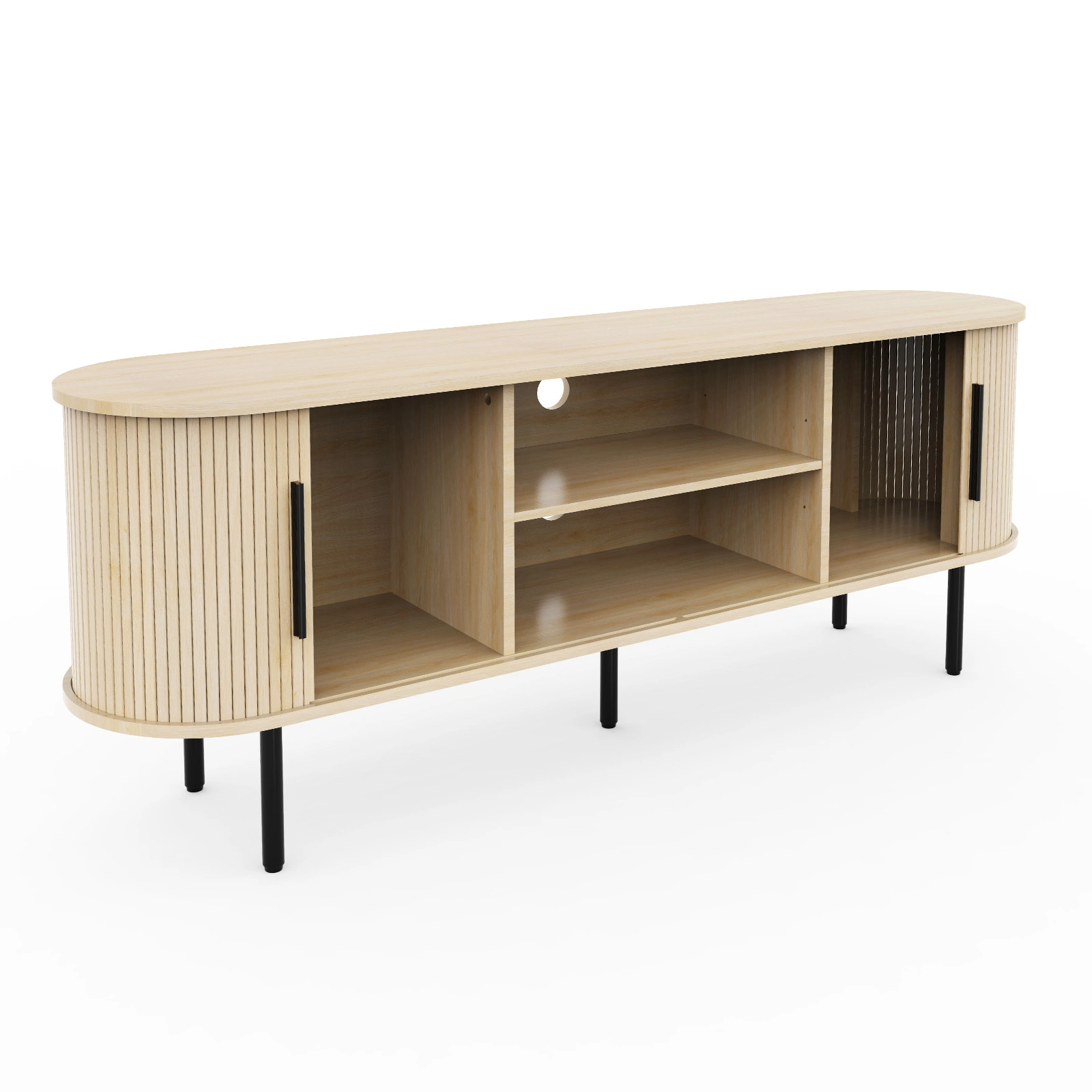 Oak Color Embossed Particle Board TV Stand, Oval Tabletop 147×35×58cm, Modern Entertainment Center with Sliding Grid Doors, Media Console Cabinet for Living Room Home Decor view 6