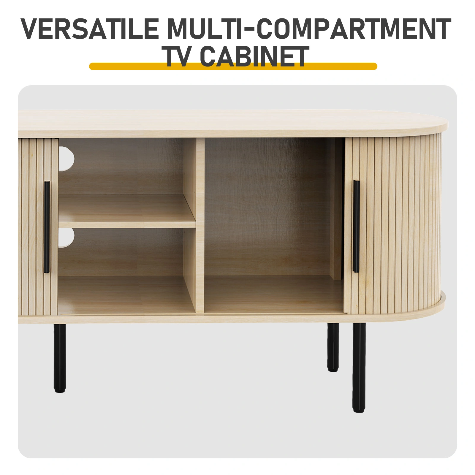Oak Color Embossed Particle Board TV Stand, Oval Tabletop 147×35×58cm, Modern Entertainment Center with Sliding Grid Doors, Media Console Cabinet for Living Room Home Decor view 8